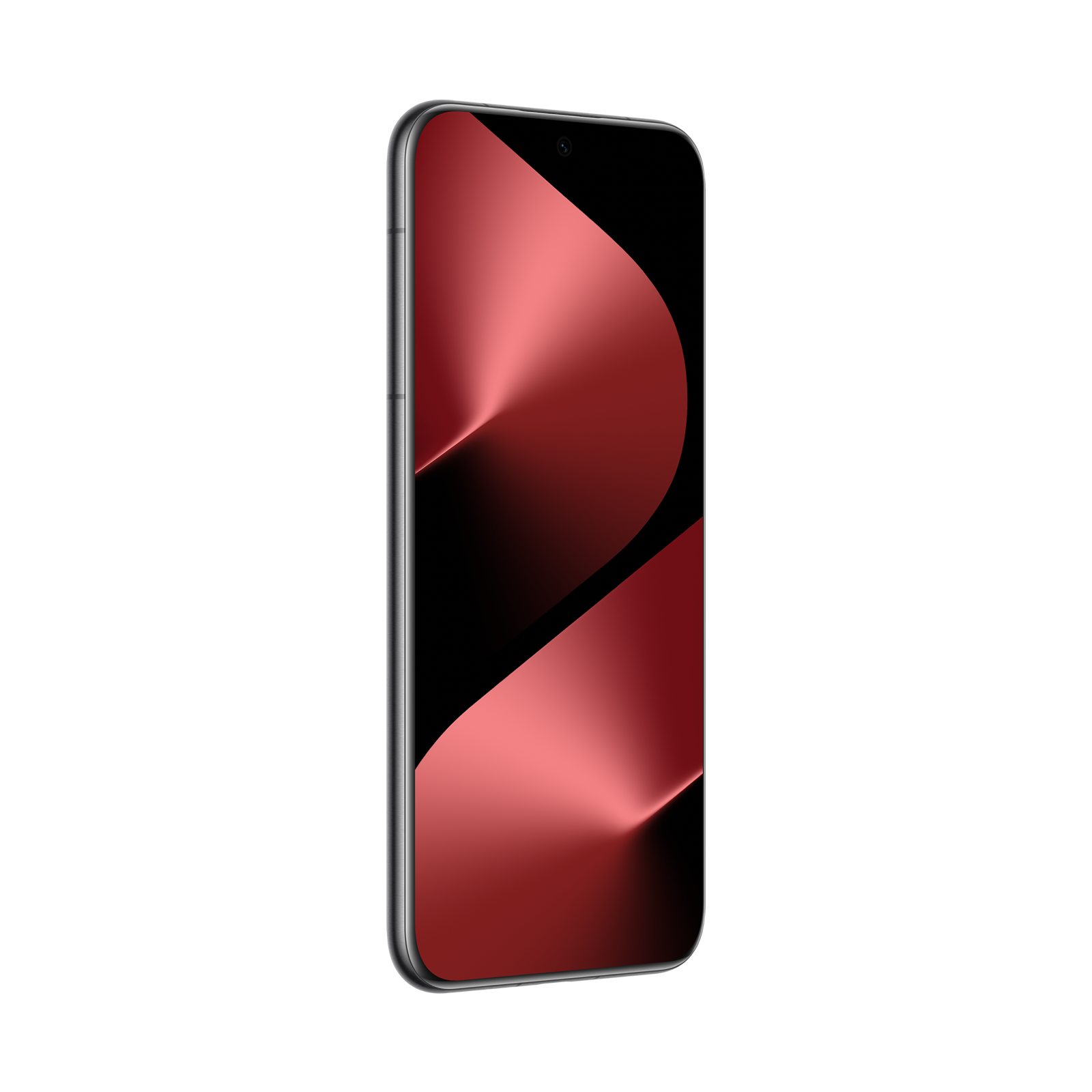 Siyah arka plan üzerinde kırmızı gradyan ekrana sahip bir akıllı telefon. Telefon açılı, tasarımını gösteriyor.