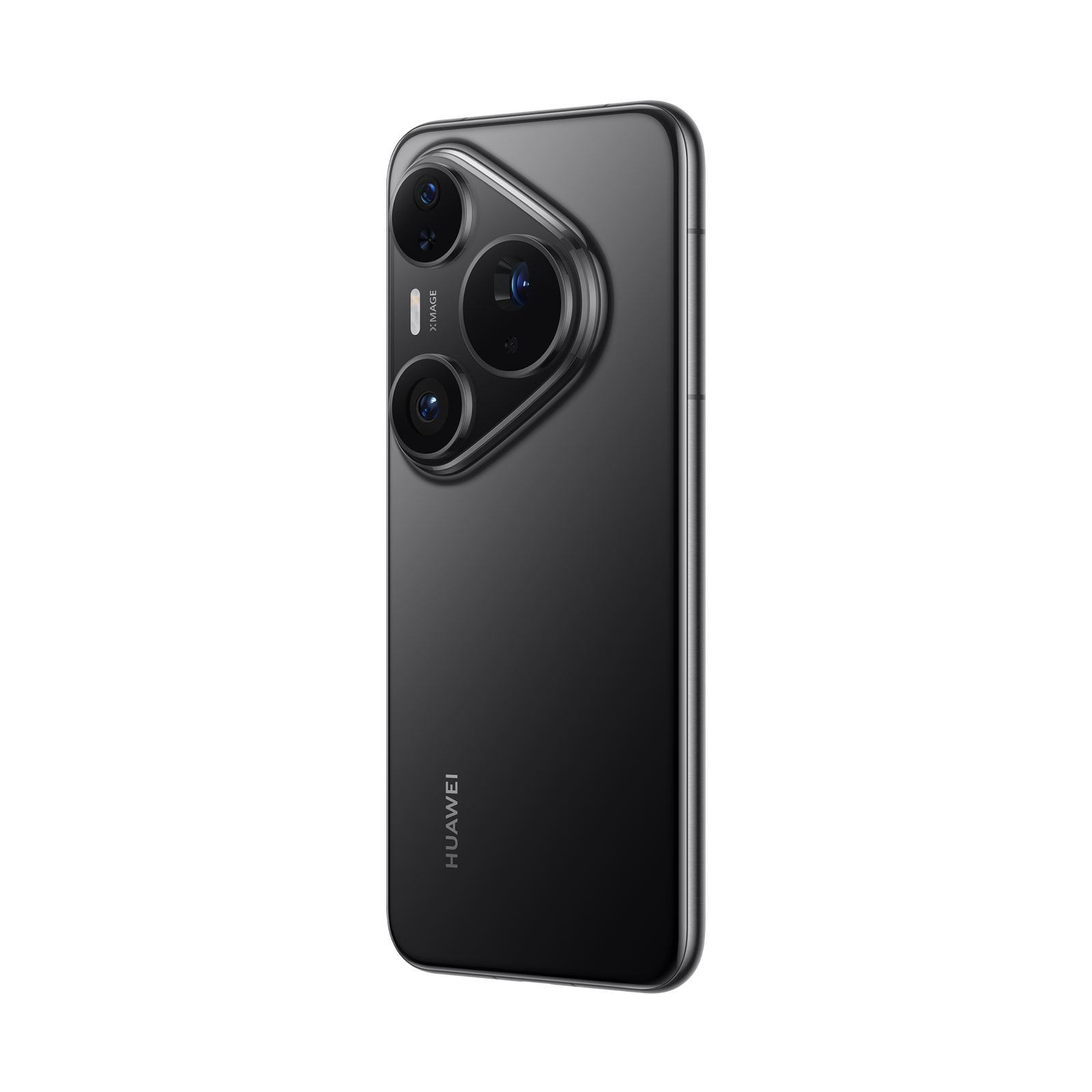 Siyah arka plan üzerinde üç kamera lensli siyah bir Huawei akıllı telefon gösteriliyor. Telefon şık ve modern.