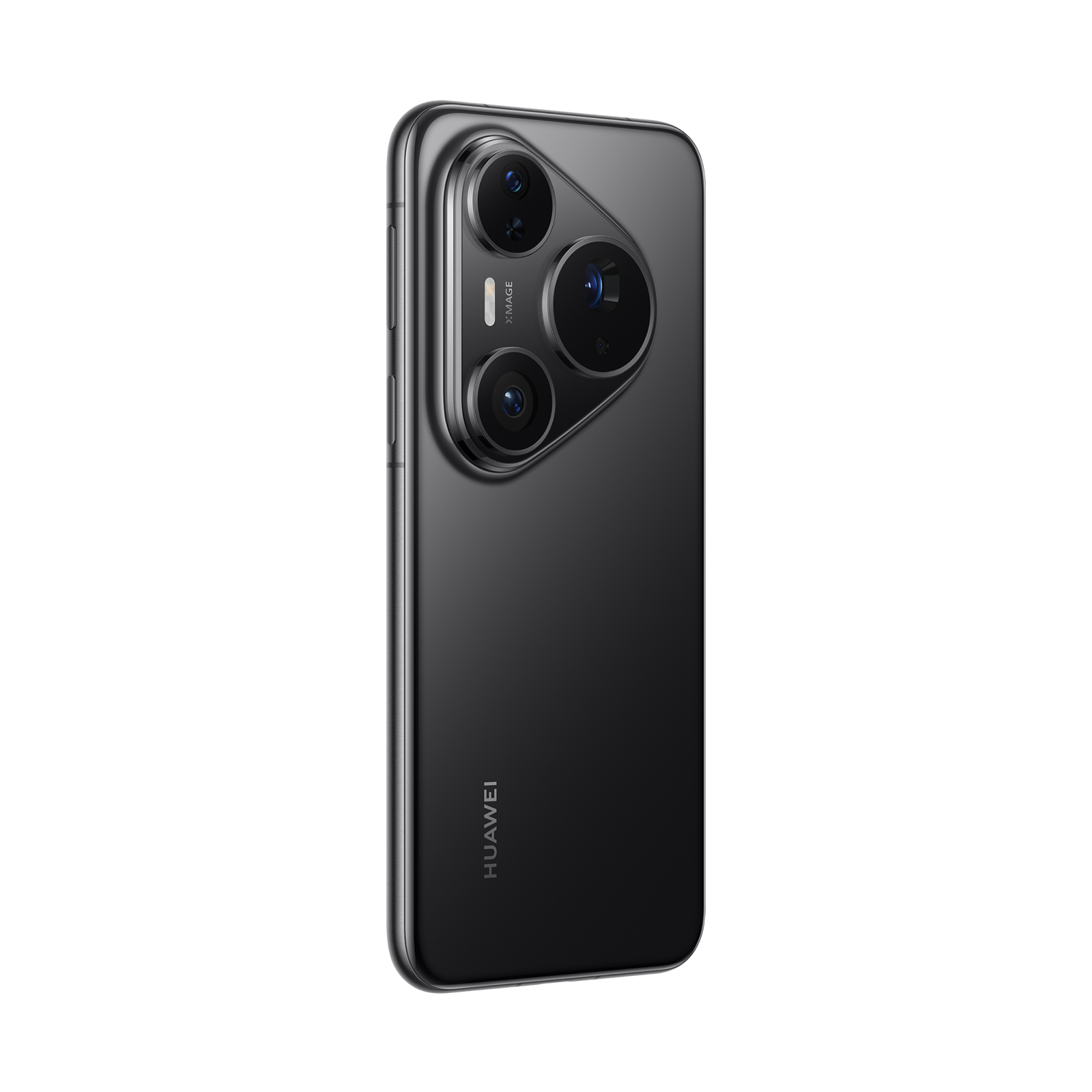 Siyah Huawei akıllı telefon, üç arka kamera, X-mage logosu, siyah arka plan üzerinde, şık tasarım.