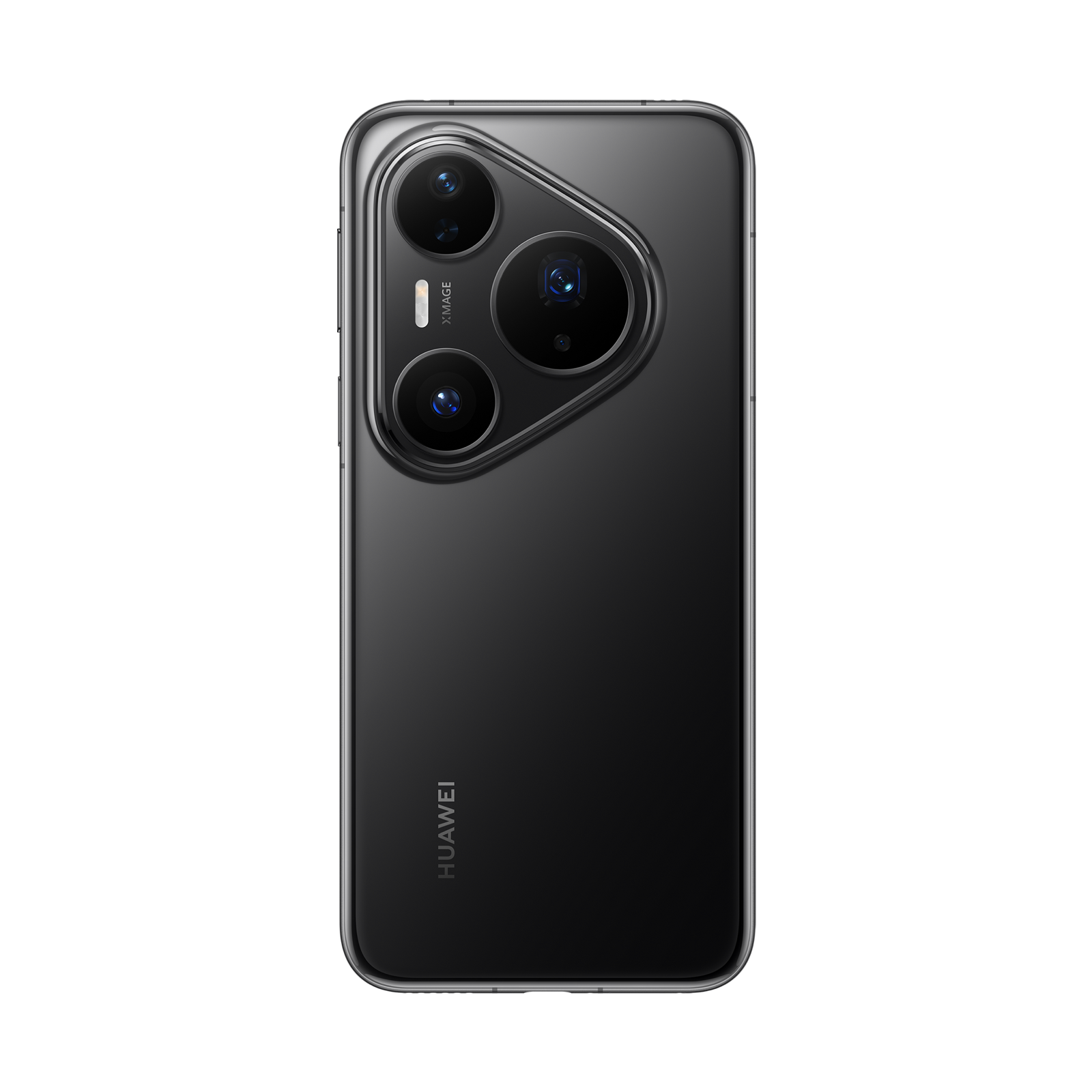 Siyah bir Huawei akıllı telefonun arkası gösteriliyor. Üç kamerası, Xmage logosu ve Huawei logosu var.