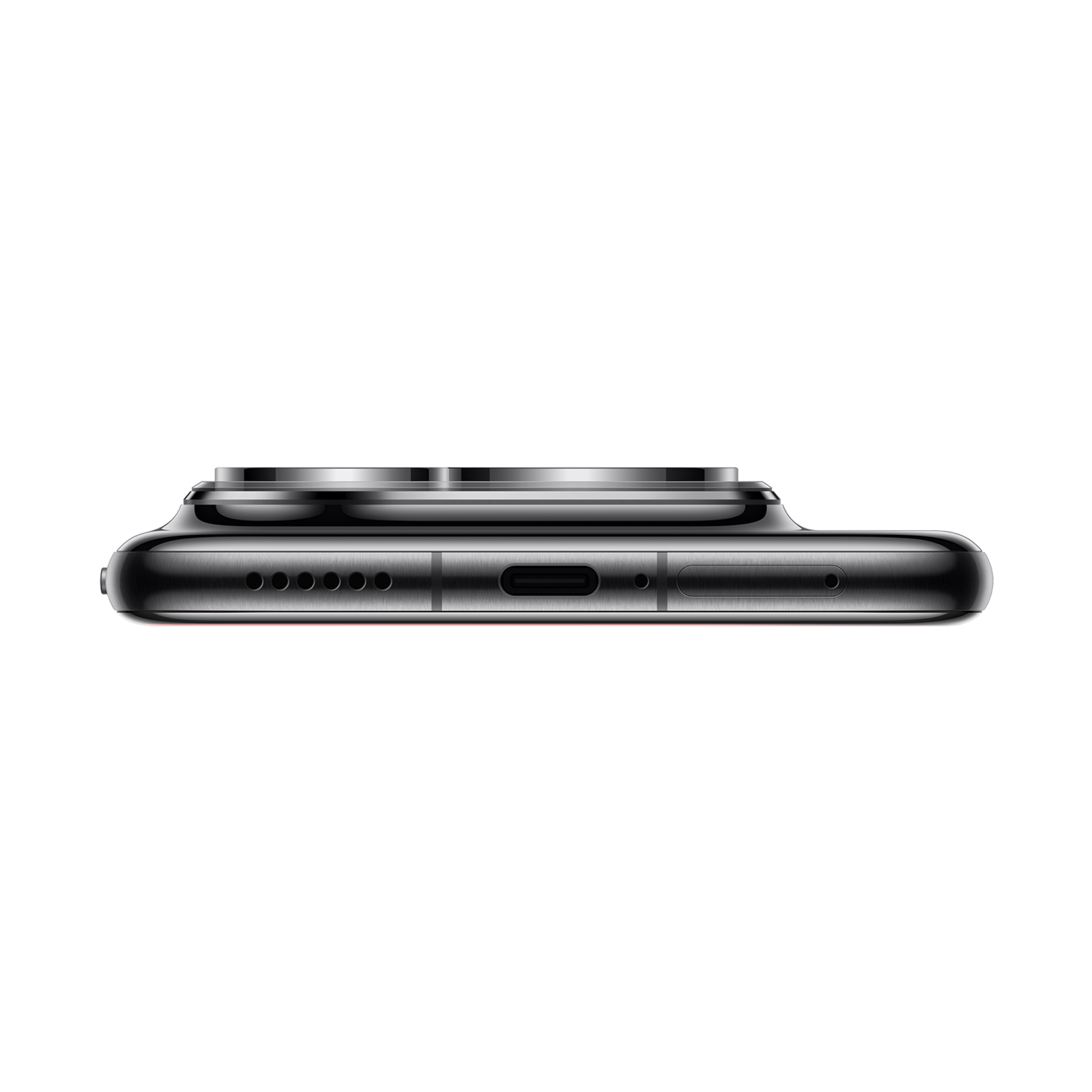 Siyah bir akıllı telefonun yan görünümü. Hoparlör delikleri, bir USB-C bağlantı noktası ve bir mikrofonla alt kenarını siyah bir arka plan üzerinde gösterir.