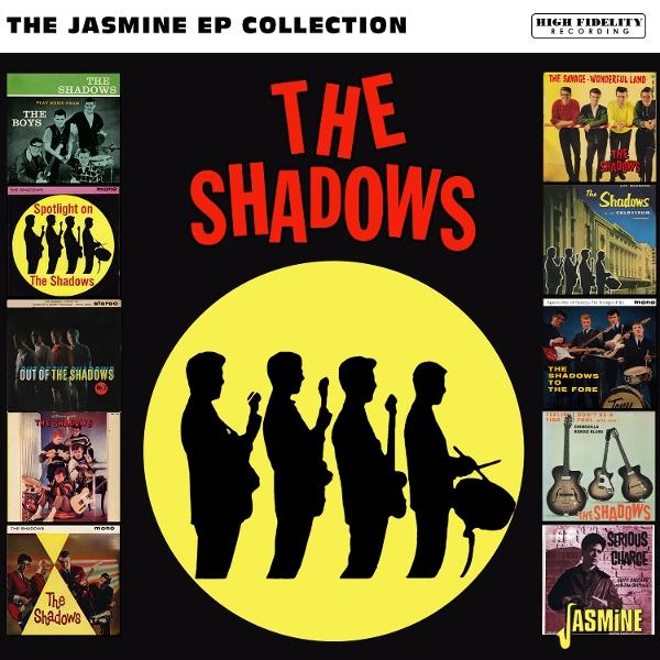 Albumcover für The Shadows EP Collection. Mit Bandsilhouette auf gelbem Kreis, Albumcovern und Text.
