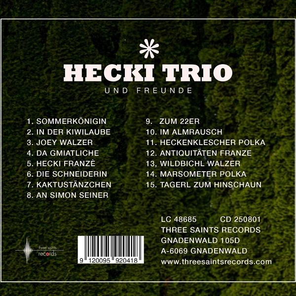 Albumcover mit weißem Text auf grünem Hintergrund. Titel: Hecki Trio. Titelliste und Details zum Label sind sichtbar.