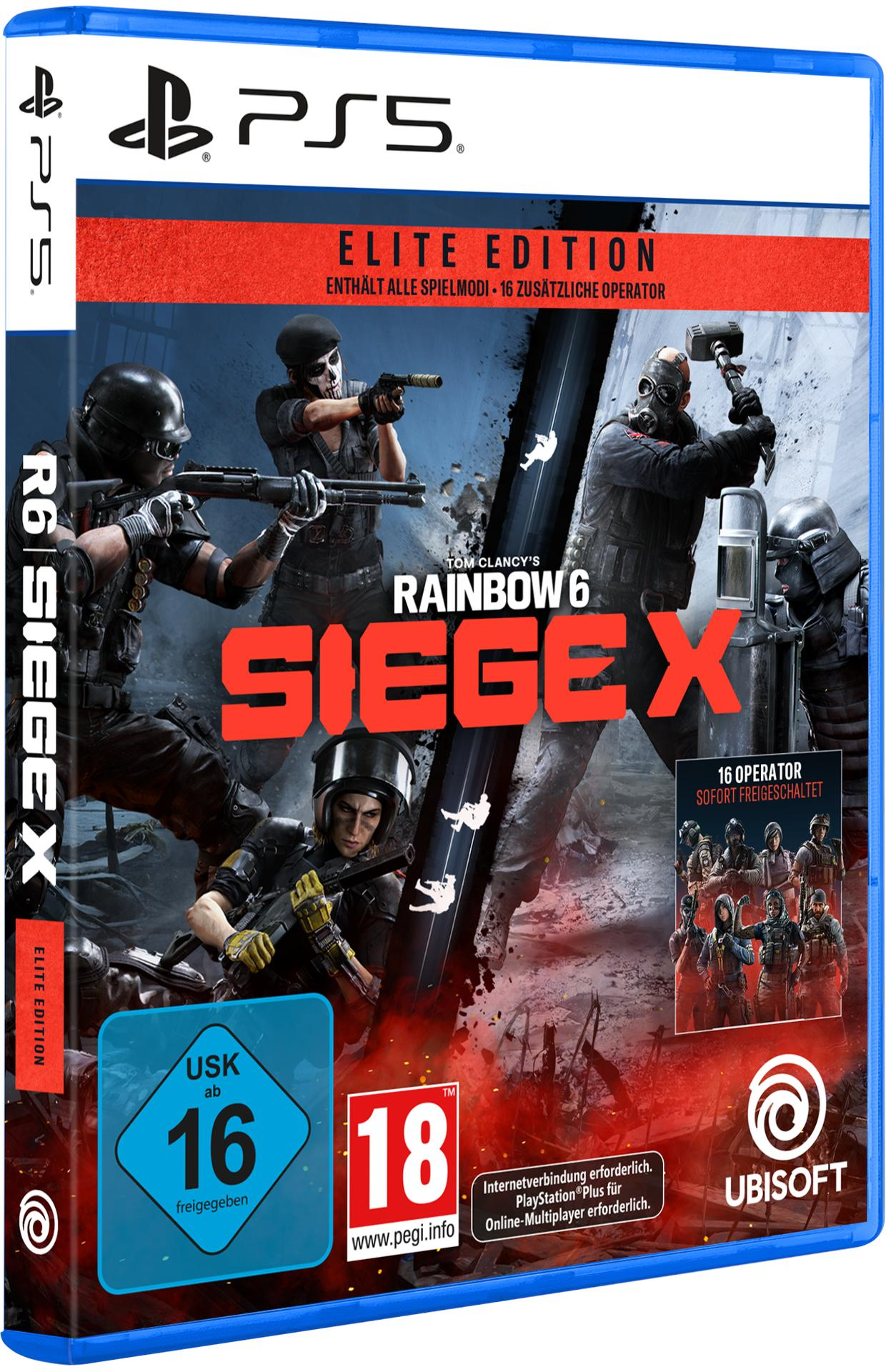 Spielbox-Art für Rainbow Six Siege X. Zeigt Soldaten in taktischer Ausrüstung, den Spieletitel und das PS5-Logo.