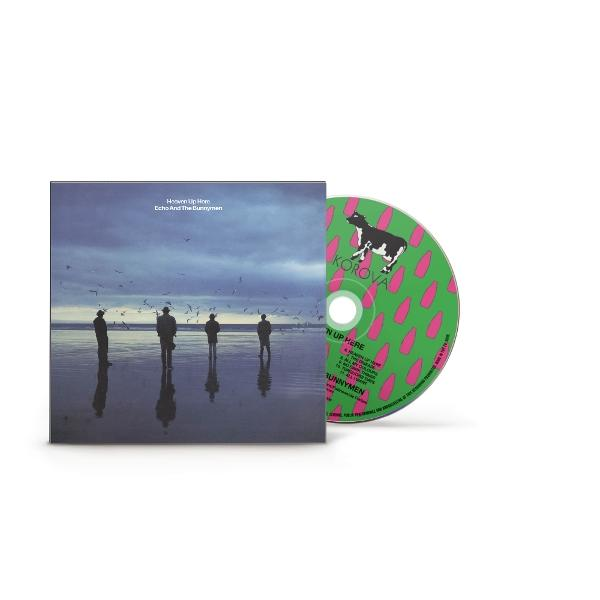 CD-Cover mit vier Schattenfiguren am Strand, fliegenden Möwen und einer Disc mit Kuhdesign. Titel: Heaven Up Here.