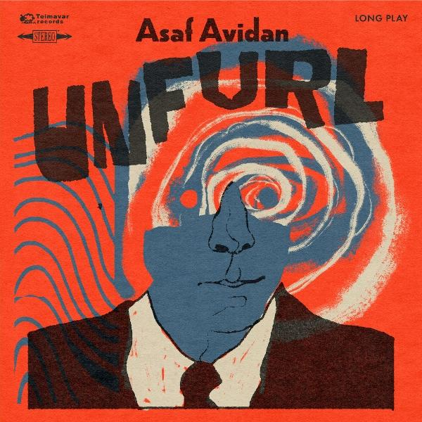 Albumcover mit Gesichtssilhouette, Wirbeldesign und Künstlername 'Asaf Avidan'. Rote, blaue und schwarze Farben dominieren das Design.