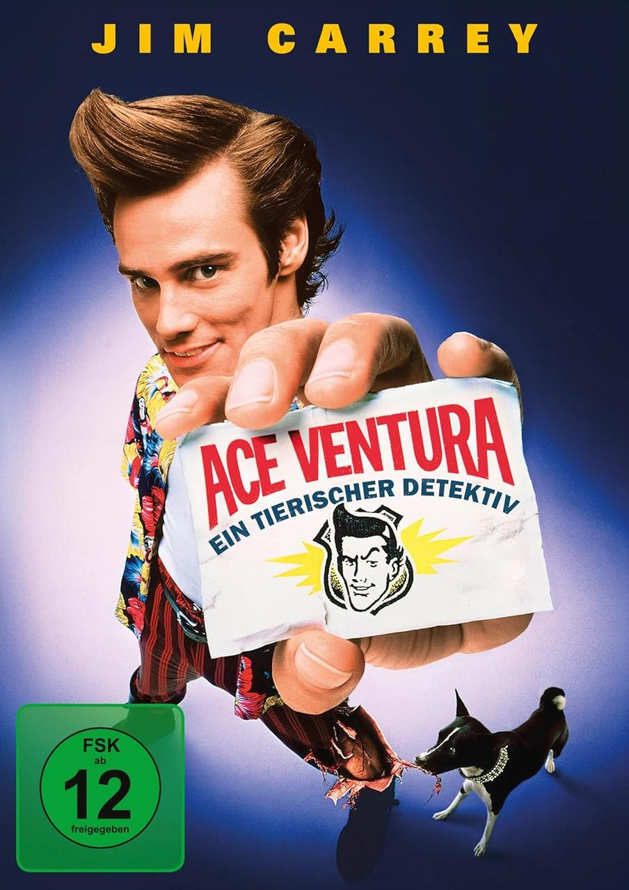 Jim Carrey hält ein "Ace Ventura"-Filmposter. Unten steht ein Hund. Links unten befindet sich eine grüne FSK-Bewertung.