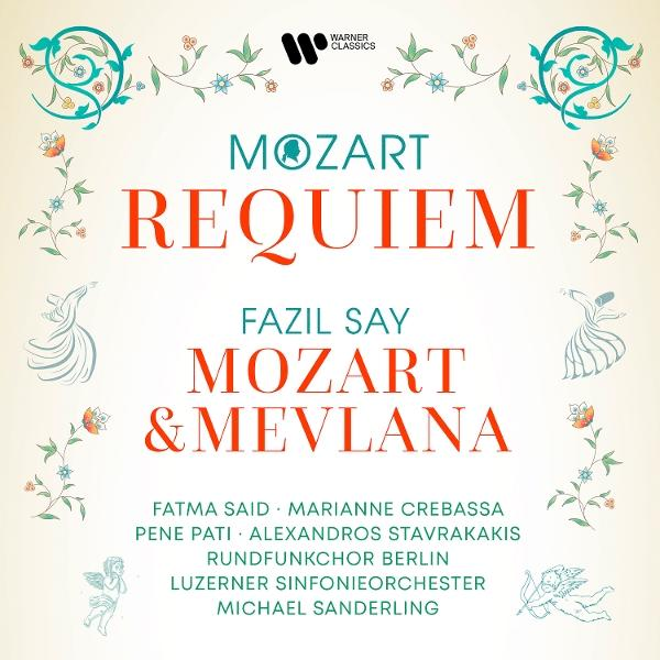 Albumcover mit dem Titel 'Mozart Requiem'. Enthält Künstler wie Fazil Say, Fatma Said und andere. Dekorative florale Elemente umgeben den Text.