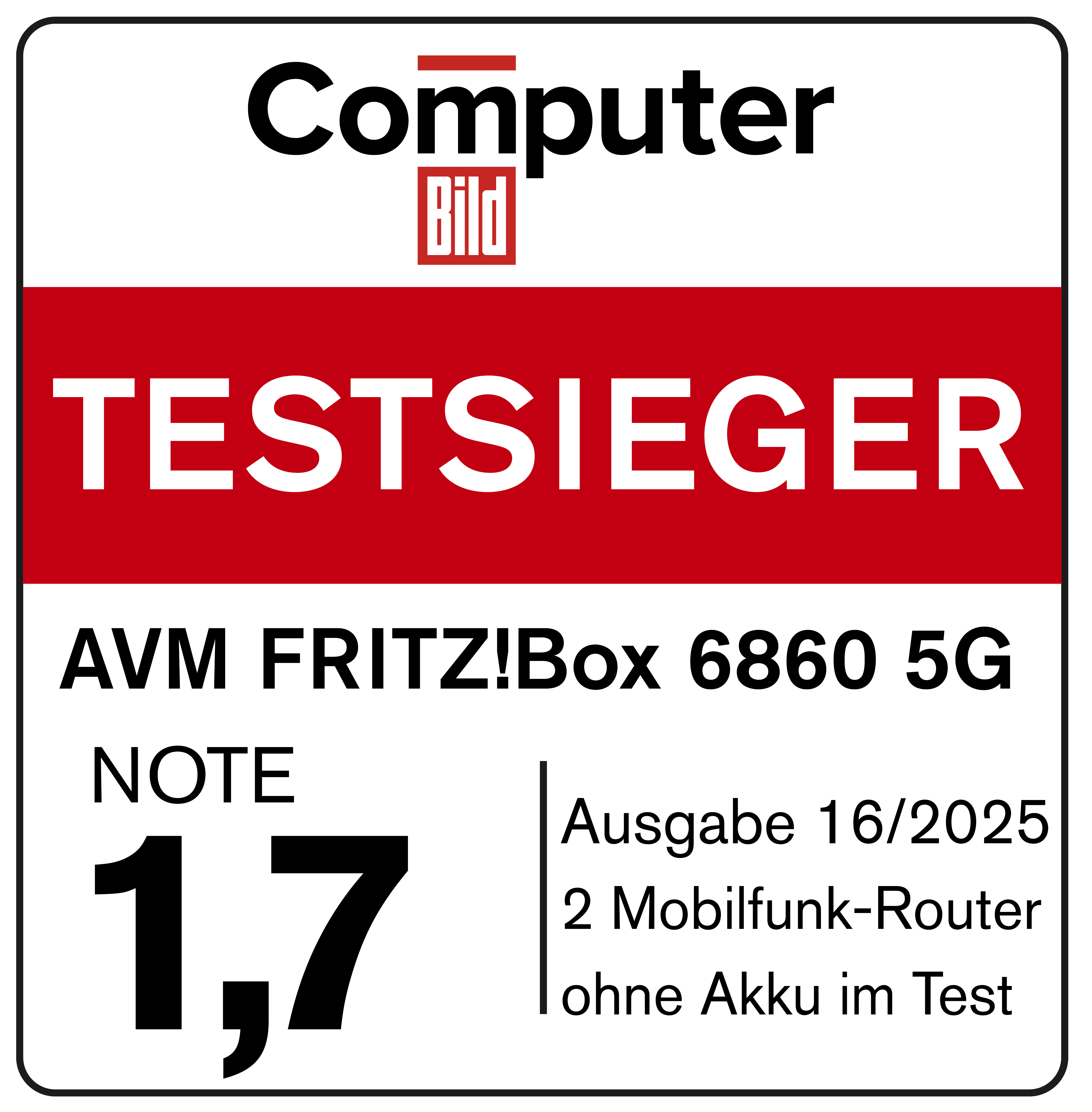 Das Bild zeigt das Cover eines Computer Bild Magazins. Es hat einen roten Balken mit weißem Text "TESTSIEGER" und Produktdetails.