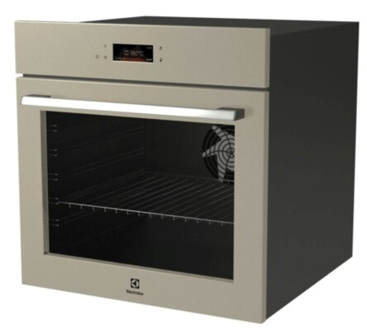 Wbudowany piekarnik ze stali nierdzewnej z otwartymi drzwiami. W środku znajduje się ruszt i wentylator. Wyświetlacz pokazuje 180°C. Widoczne logo Electrolux.