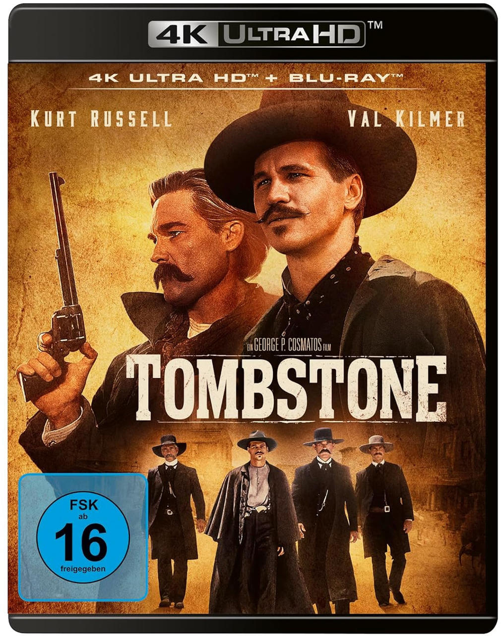 Westernfilm-Poster mit Kurt Russell und Val Kilmer, vier Männer in Hüten und Westen.