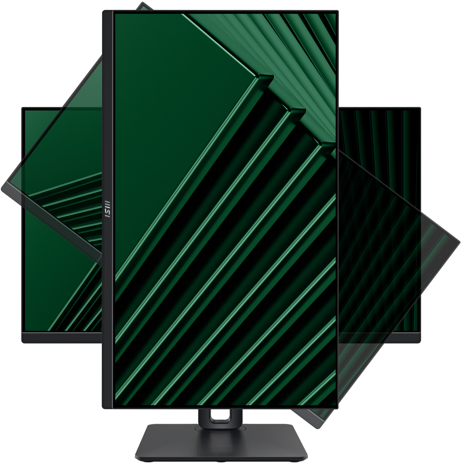 Múltiples monitores de ordenador mostrando un patrón abstracto verde. Los monitores están angulados contra un fondo gris.