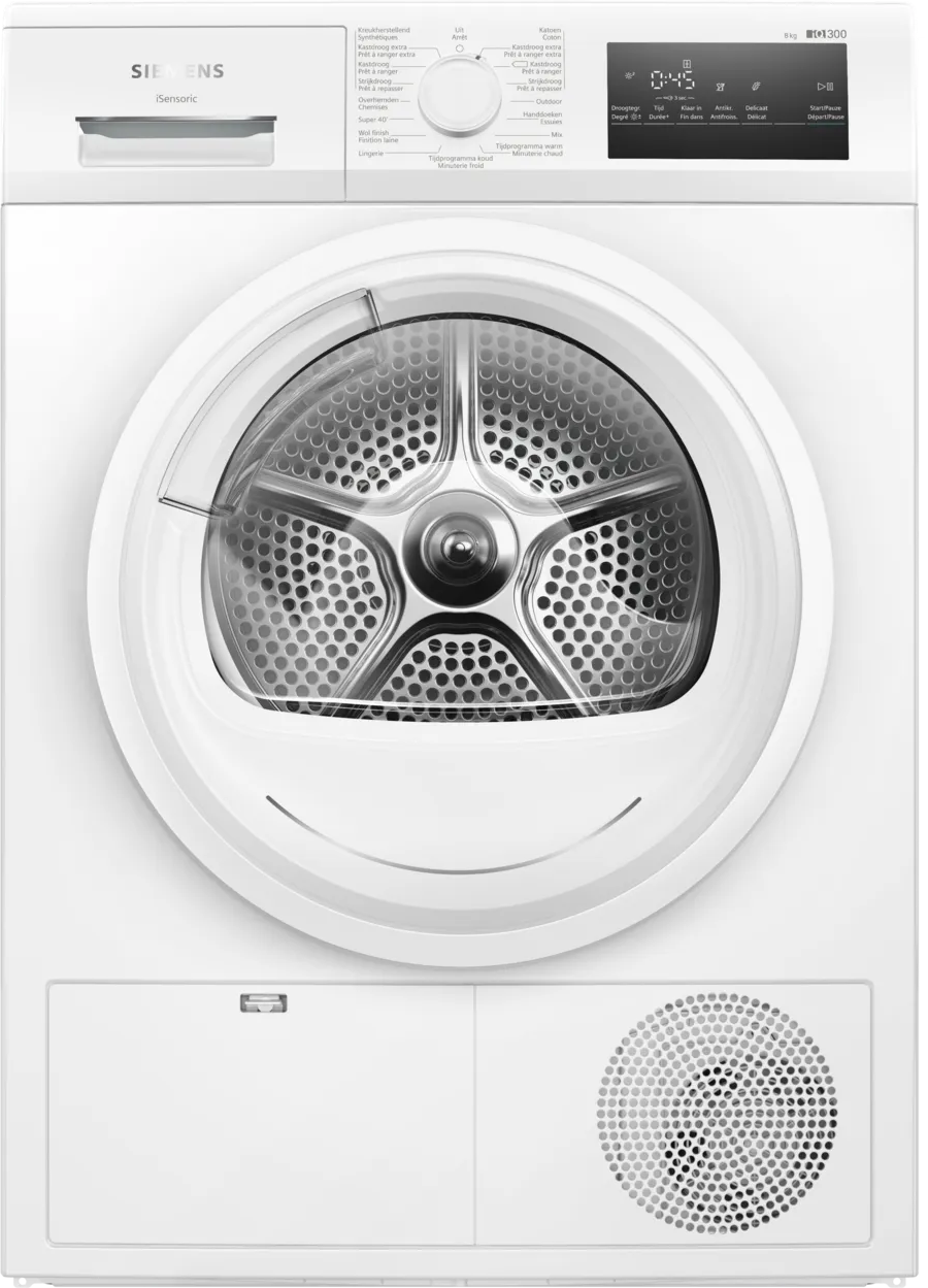 Een witte Siemens droger met glazen deur. Het heeft een bedieningspaneel met verschillende instellingen en een digitaal display. De deur is rond.