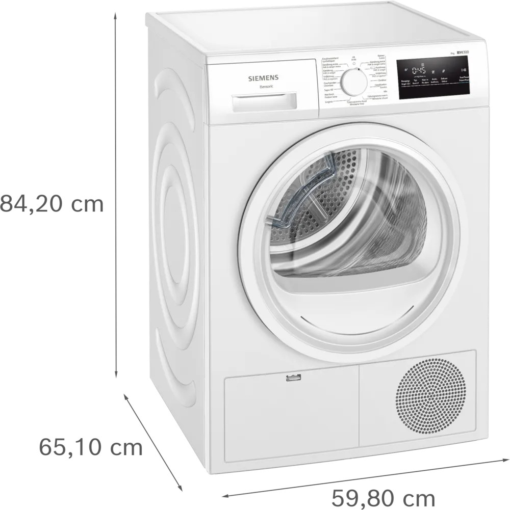 Een witte Siemens droger met afmetingen. Het heeft een digitaal display, een ronde deur en een onderste compartiment.