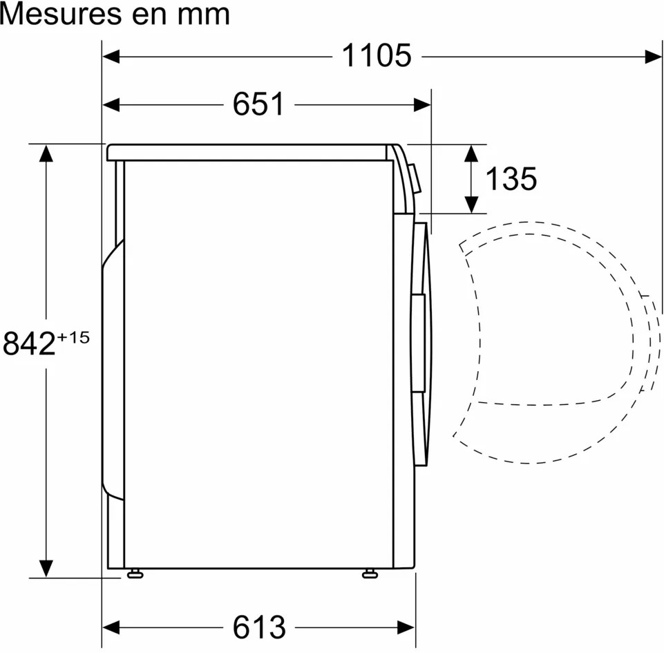 Zijaanzicht van een wasmachine met afmetingen in mm. De machine is wit, met een deur en afmetingen.