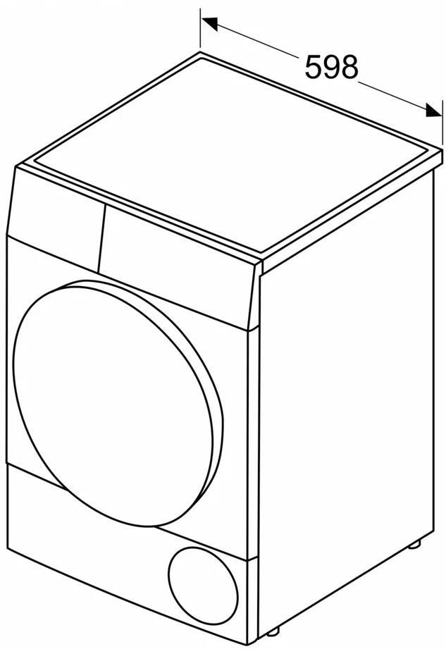 Een isometrische weergave van een wasmachine-omtrek. Het heeft een cirkelvormige deur, bedieningspaneel en een afmetingslabel van 598.