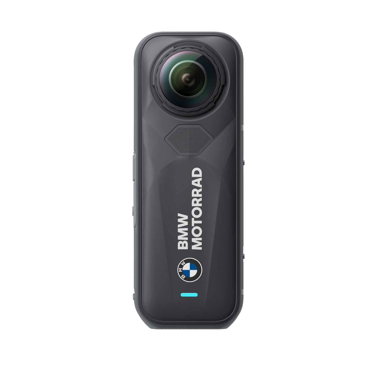 Een zwarte BMW Motorrad actiecamera. Het heeft een lens, een luidspreker en het BMW-logo. De achtergrond is zwart.