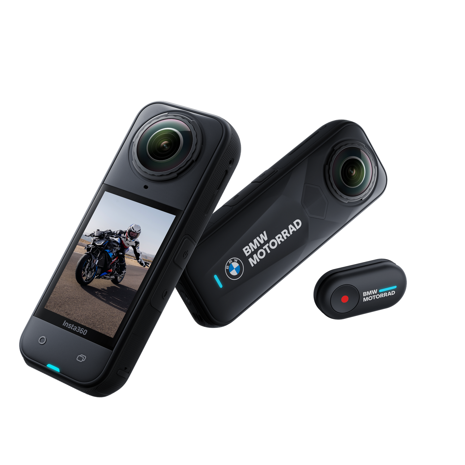 Zwarte Insta360-camera met BMW Motorrad-merk. Eén toont een motorfiets op het scherm. Een afstandsbediening is ook zichtbaar.