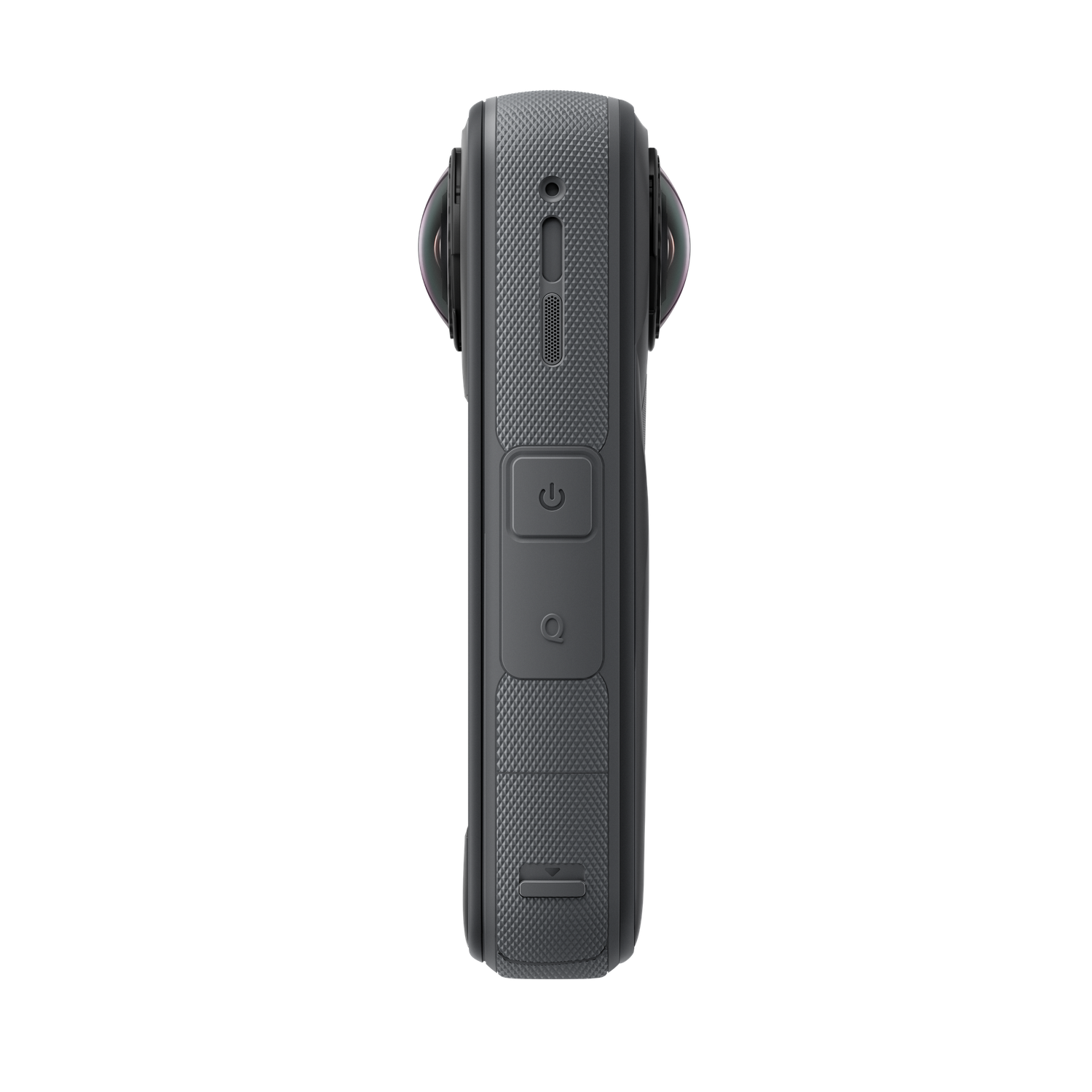 Een grijze 360 graden camera met twee lenzen, aan/uit knop en functieknoppen. Zwarte achtergrond.