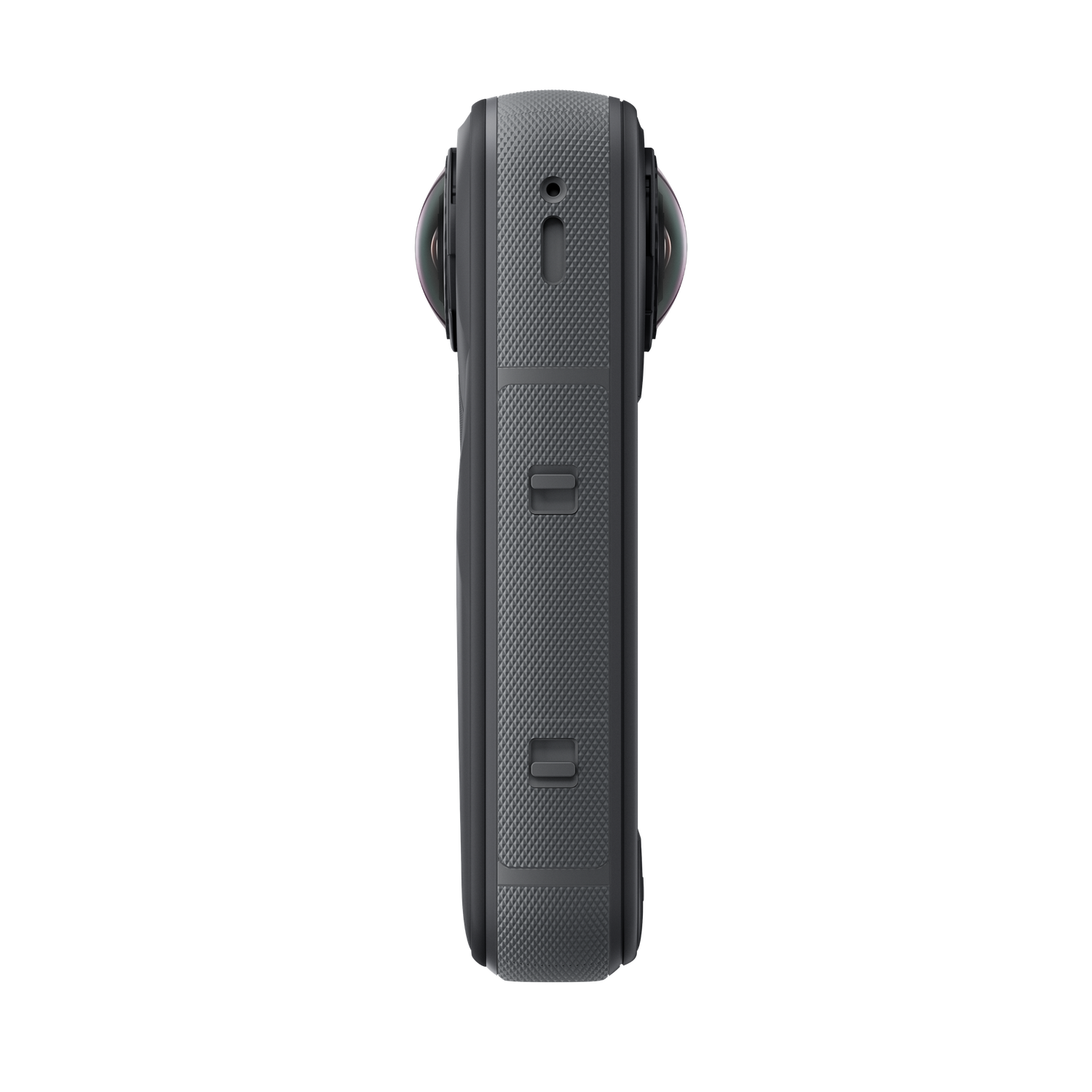 Een donkergrijze 360-graden camera met twee lenzen. Het is gecentreerd tegen een zwarte achtergrond.