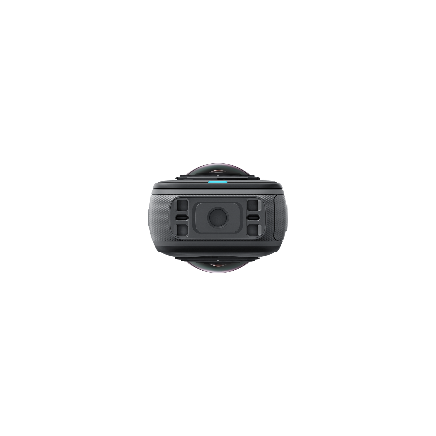 Een 360 graden camera met een zwarte behuizing. Het heeft twee lenzen en diverse knoppen. De achtergrond is zwart.