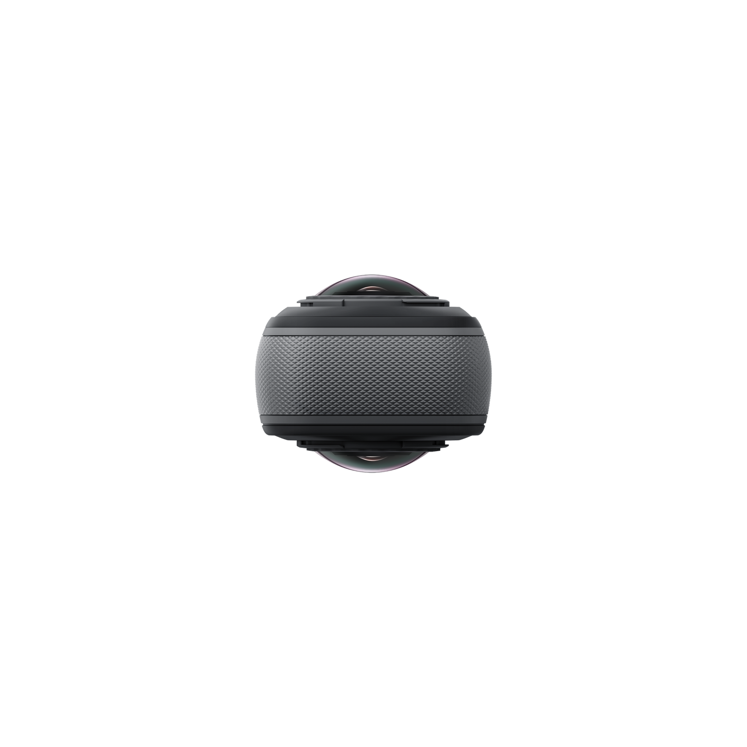 Een 360-graden camera op een zwarte achtergrond. De camera is grijs, met een getextureerd midden en twee lenzen aan elk uiteinde.