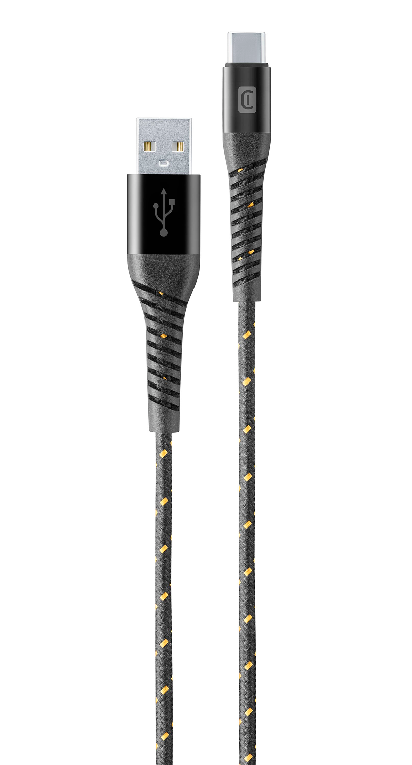 Dos cables USB: uno USB-A, uno USB-C. Ambos negros con detalles amarillos. Fondo blanco.