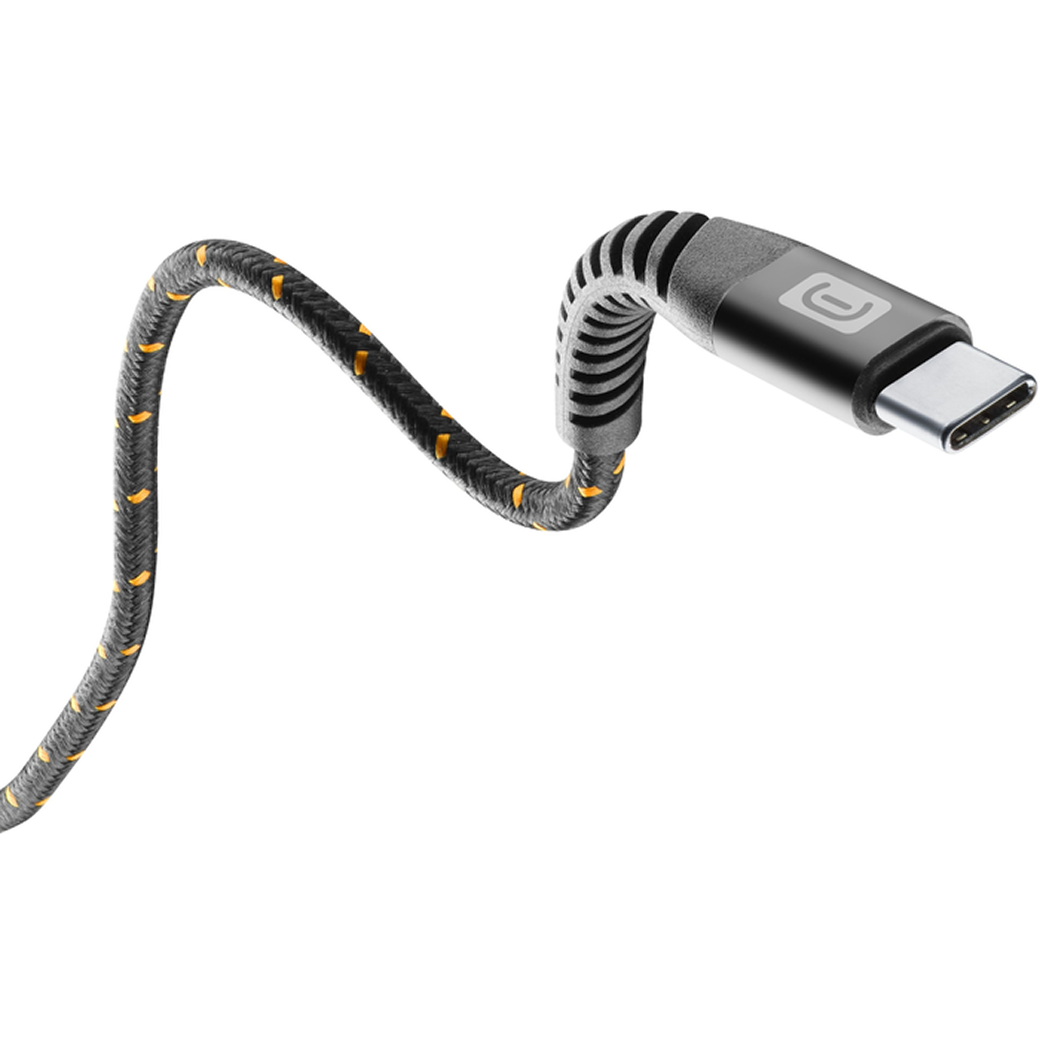 Un cable USB-C con un cable trenzado negro y amarillo. El conector es gris metálico.