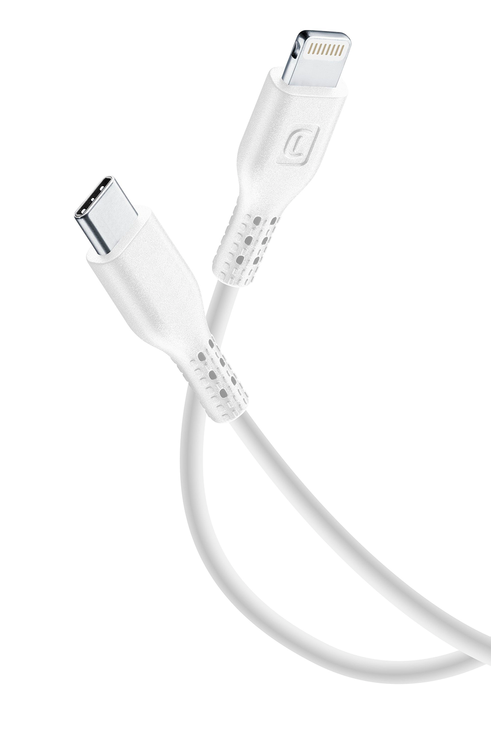Dos cables de carga blancos con diferentes conectores: USB-C y Lightning. Los cables están sobre un fondo blanco.