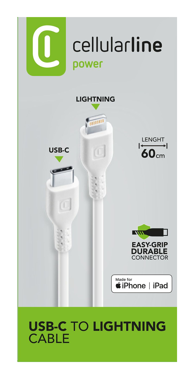 Un cable blanco USB-C a Lightning. El paquete incluye texto y el logo de cellularline power, y compatibilidad con iPhone | iPad.