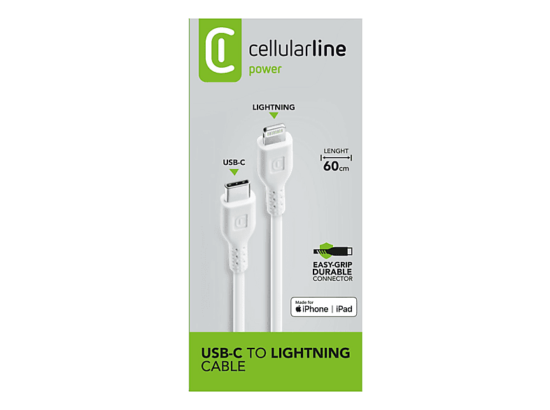 Cable USB-C a Lightning - CellularLine POWER, USB Lightning, 60 cm, 27W, Blanco