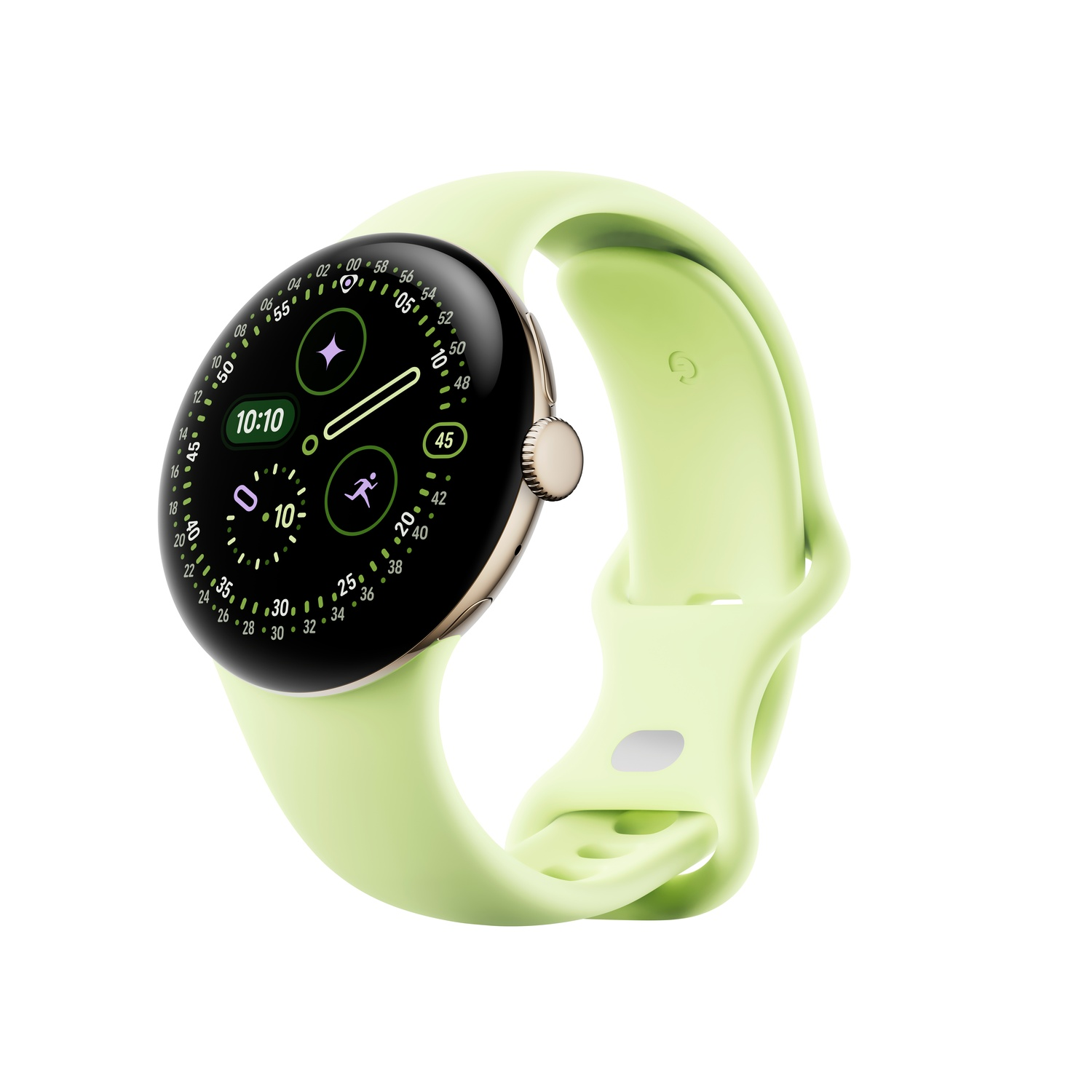 Une montre connectée vert clair avec un écran noir circulaire. Elle affiche l'heure, des icônes d'activité et a un bord et un bouton dorés.
