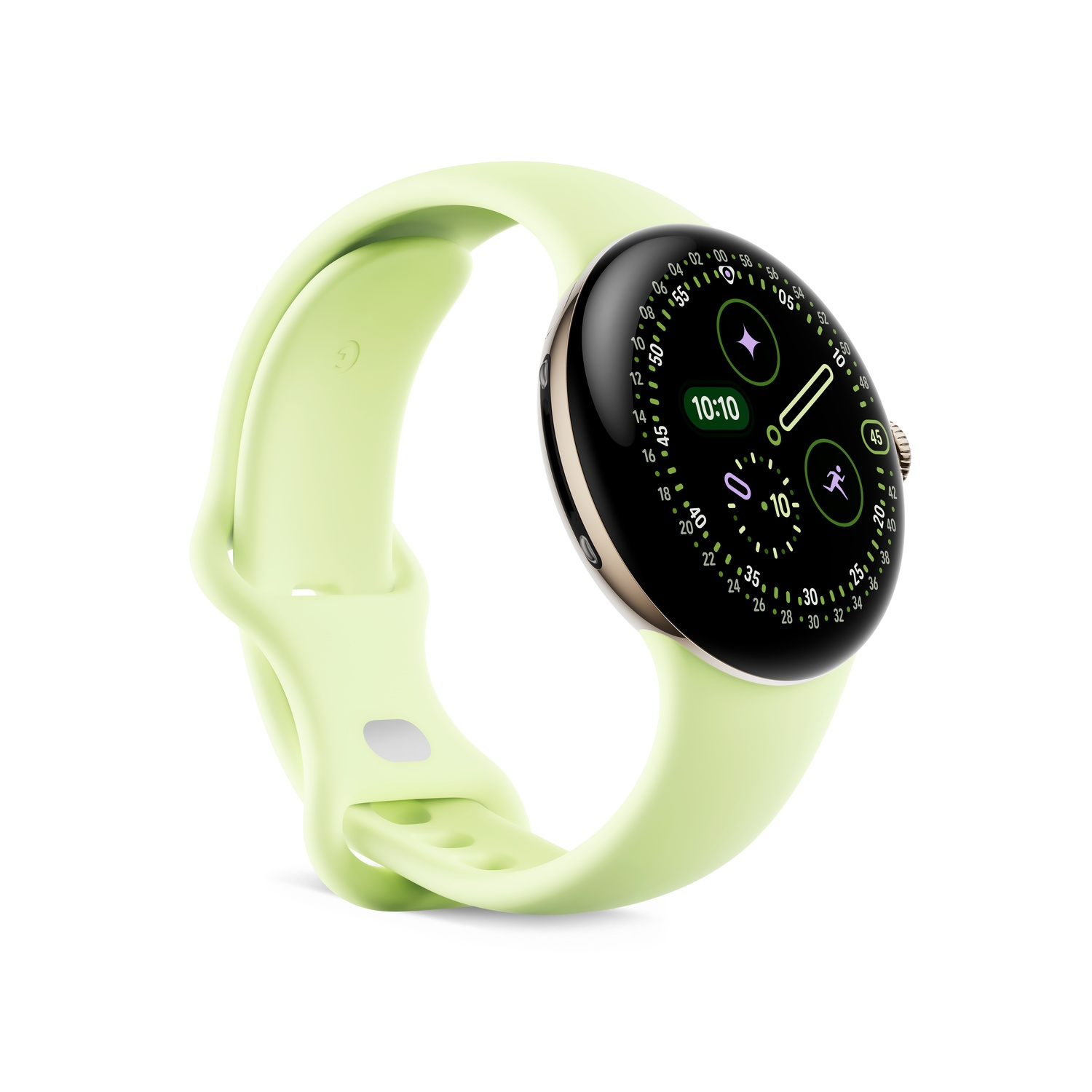 Une montre intelligente vert clair avec un écran noir affichant 10h10. Le bracelet est également vert clair. Le fond est blanc.