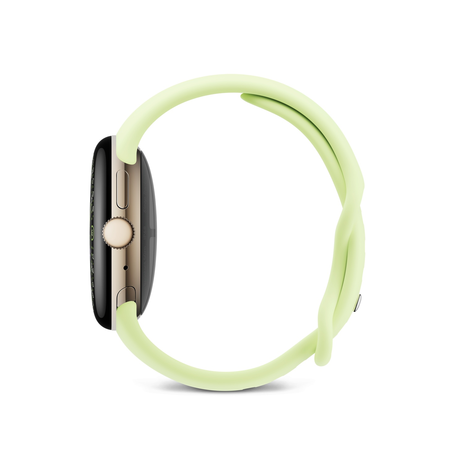 Une Apple Watch avec un bracelet vert clair. Le cadran est noir avec un cadre doré.