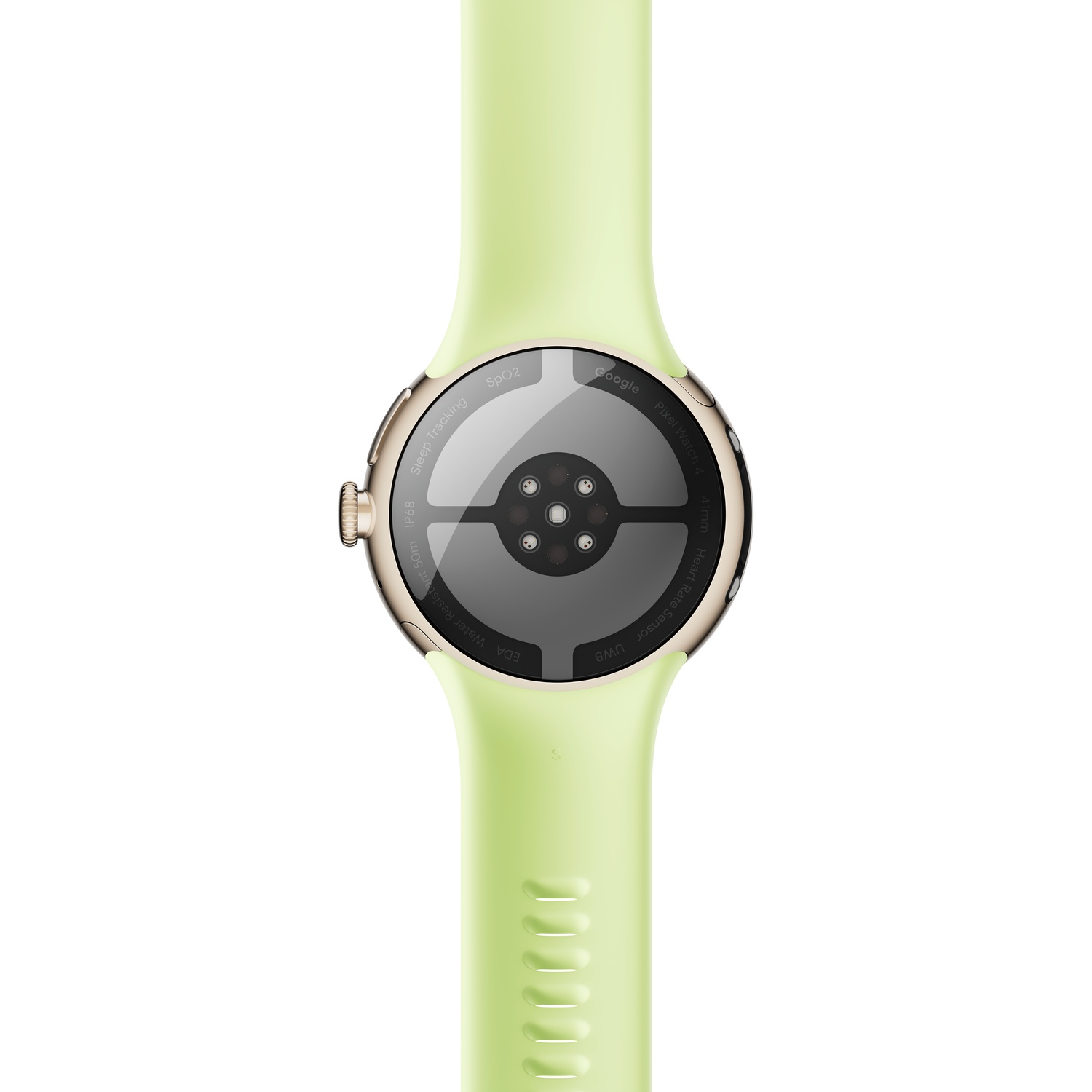 Une smartwatch vert clair avec un boîtier doré et un bracelet vert clair. L'arrière de la montre est visible, montrant des capteurs.