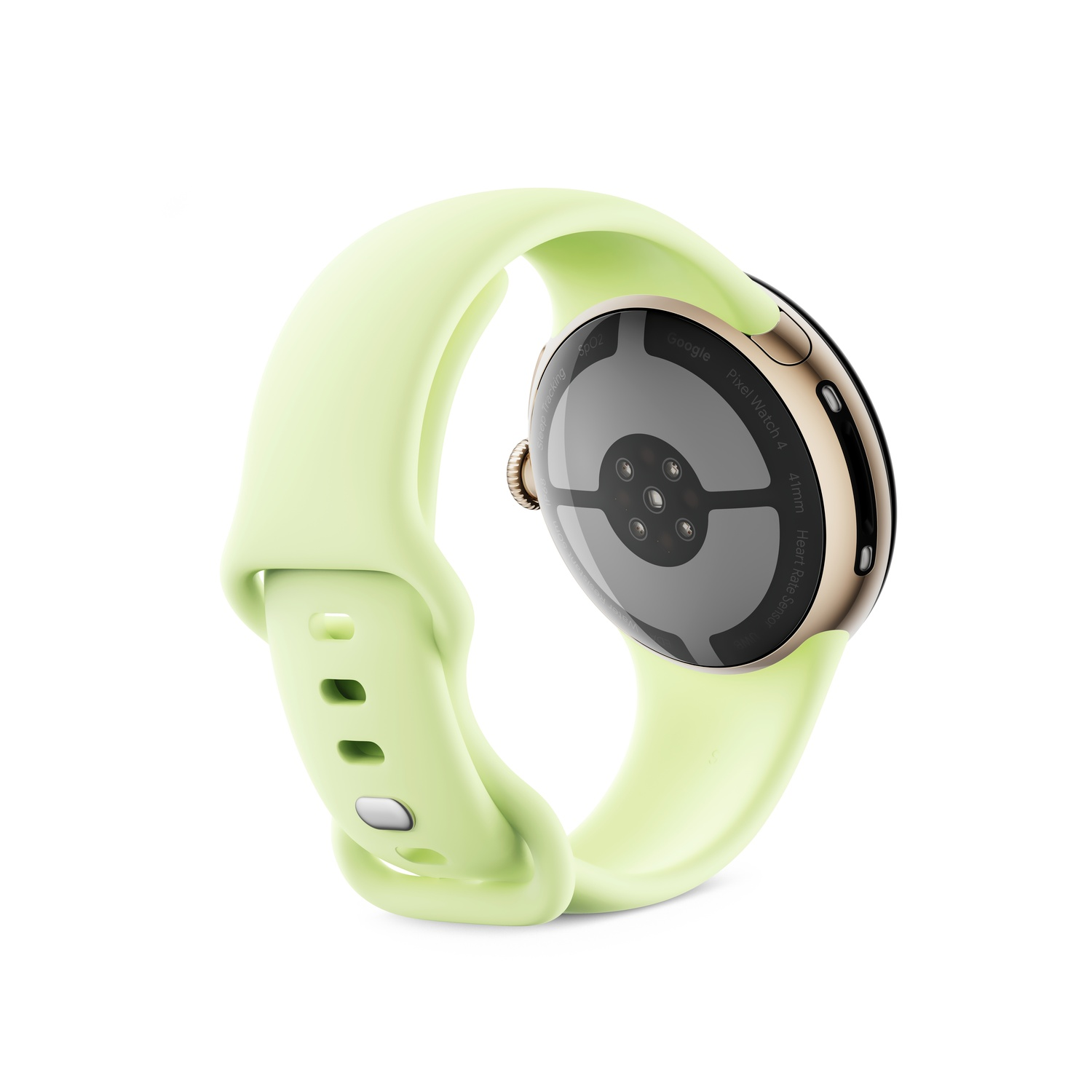 Une Google Pixel Watch 4 avec un bracelet vert clair. Le cadran est noir et doré.