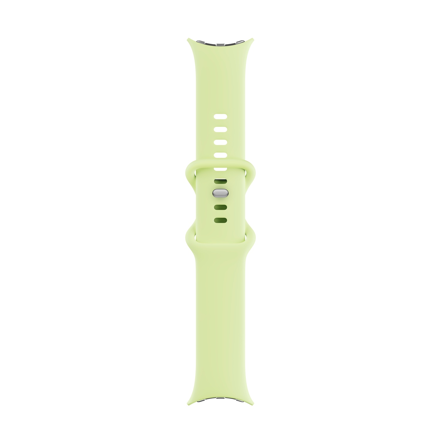 Un bracelet de montre vert clair, avec une boucle et plusieurs trous. Le bracelet est sur fond blanc.