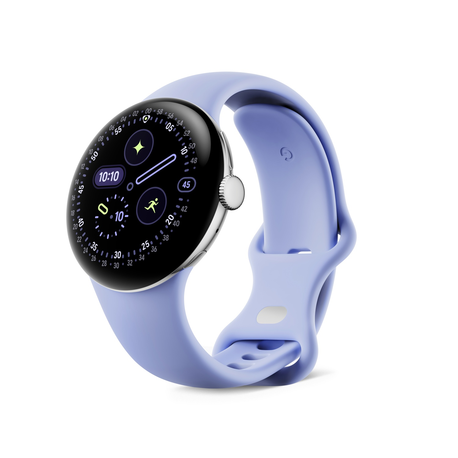 Une montre connectée lavande affiche 10h10. Le bracelet s'enroule autour du cadran. Un bouton argenté est sur le côté de la montre.