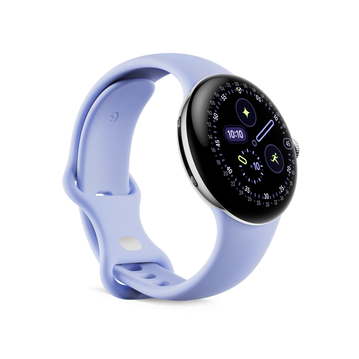 Une montre connectée lilas avec écran noir circulaire affichant l'heure et des icônes d'activité, sur fond blanc.