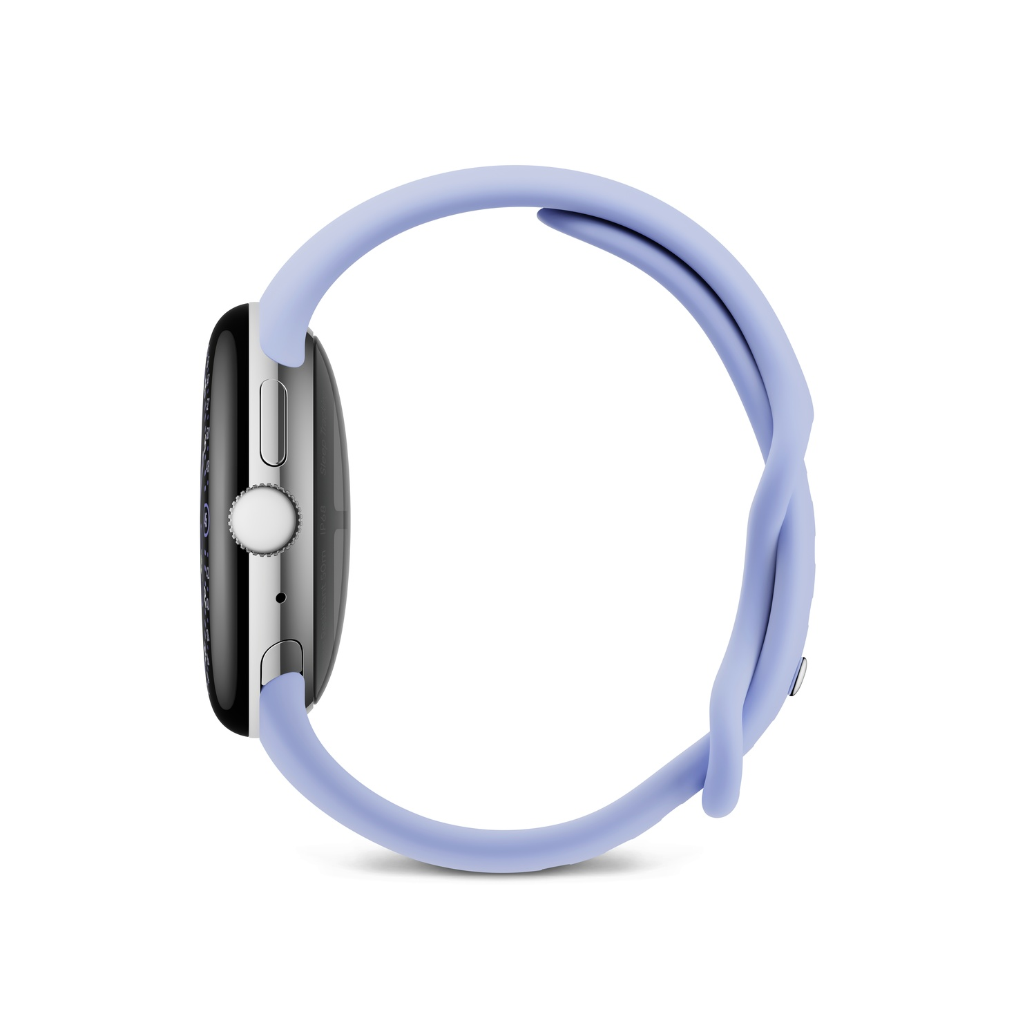 Une montre intelligente argentée avec un bracelet violet clair, vue de côté. Le cadran est noir et le bracelet est bouclé.