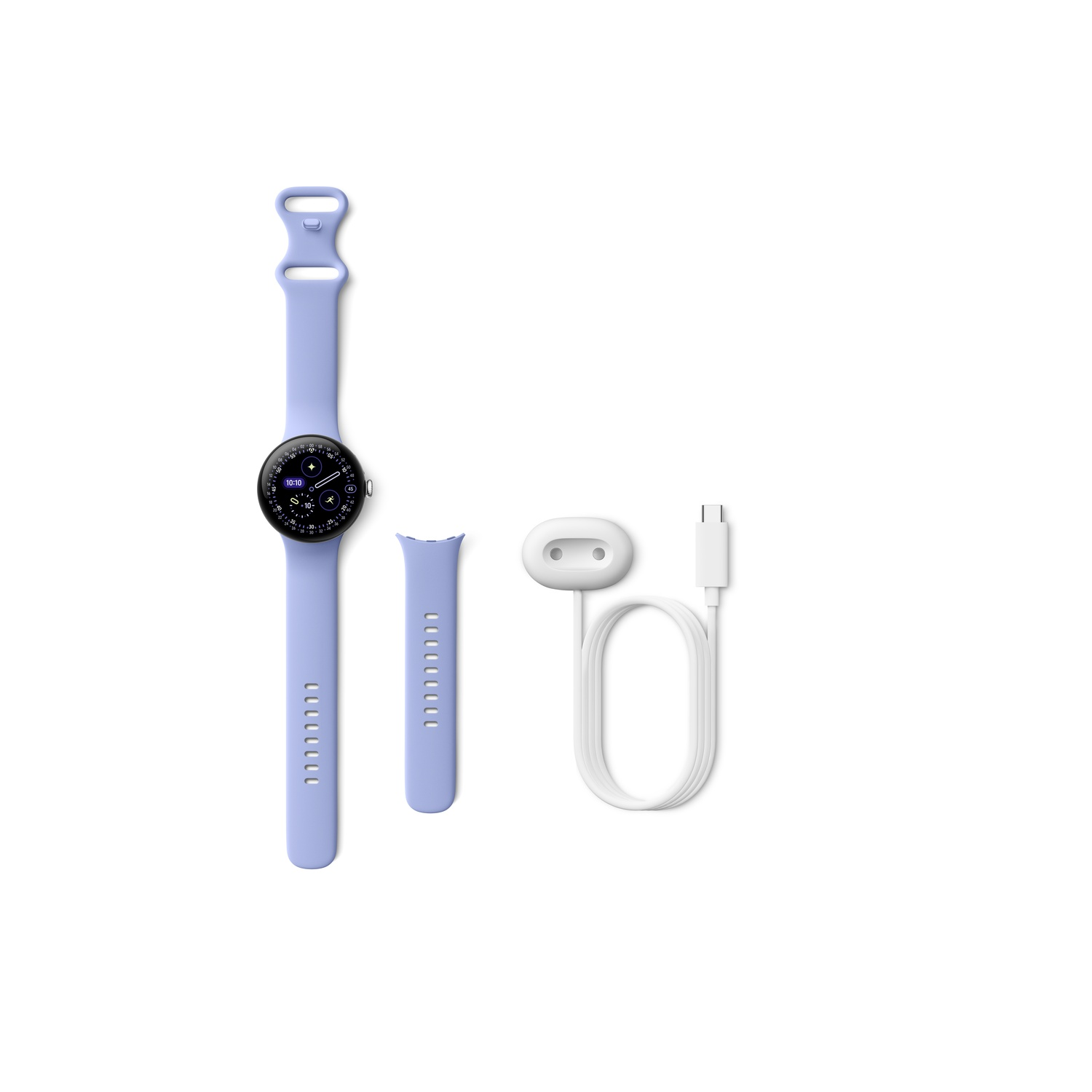 Une montre connectée violet clair avec écran noir, deux bracelets et un câble de charge blanc, le tout sur fond blanc.