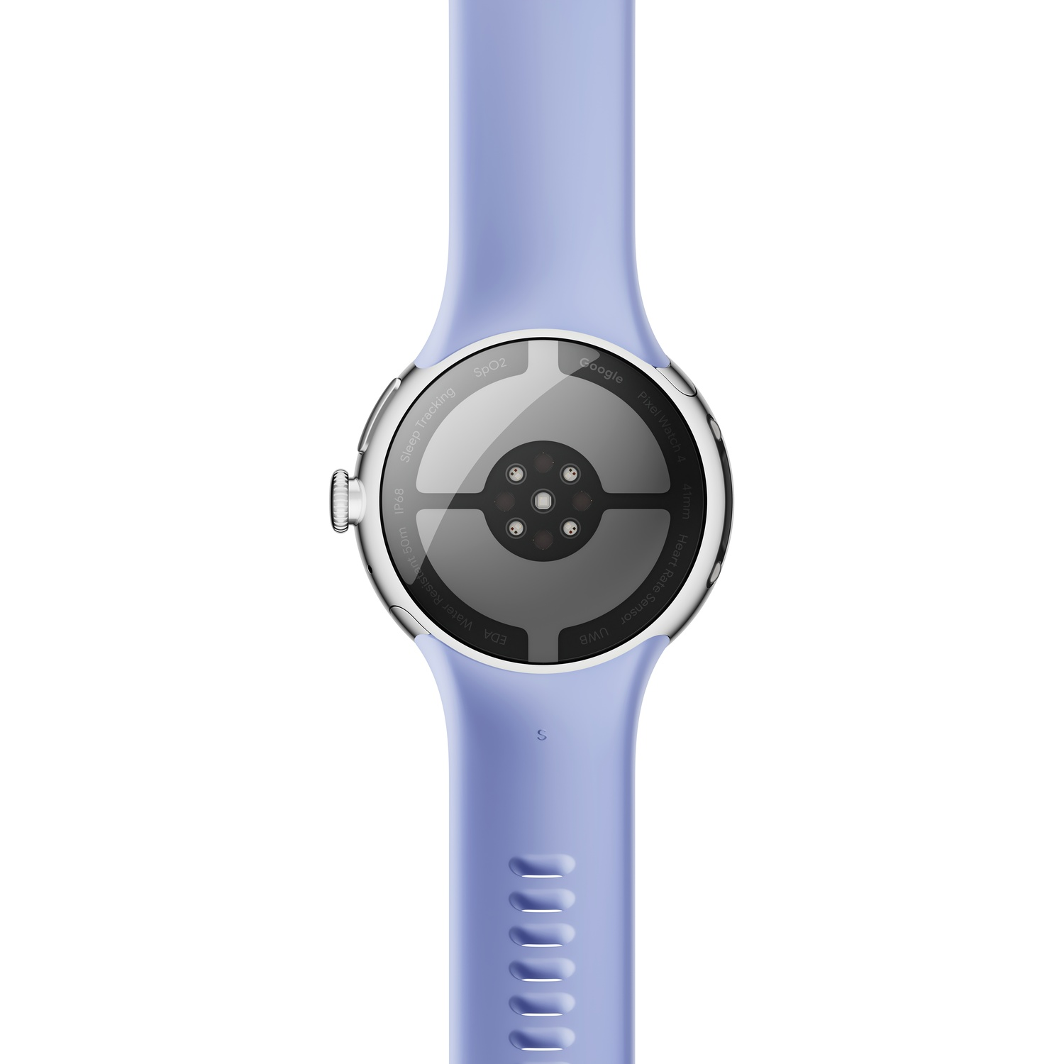 Gros plan d'une Google Pixel Watch violet clair. Le dos montre des capteurs et du texte : Sleep Tracking, SpO2, EDA, Heart Rate, UWB.