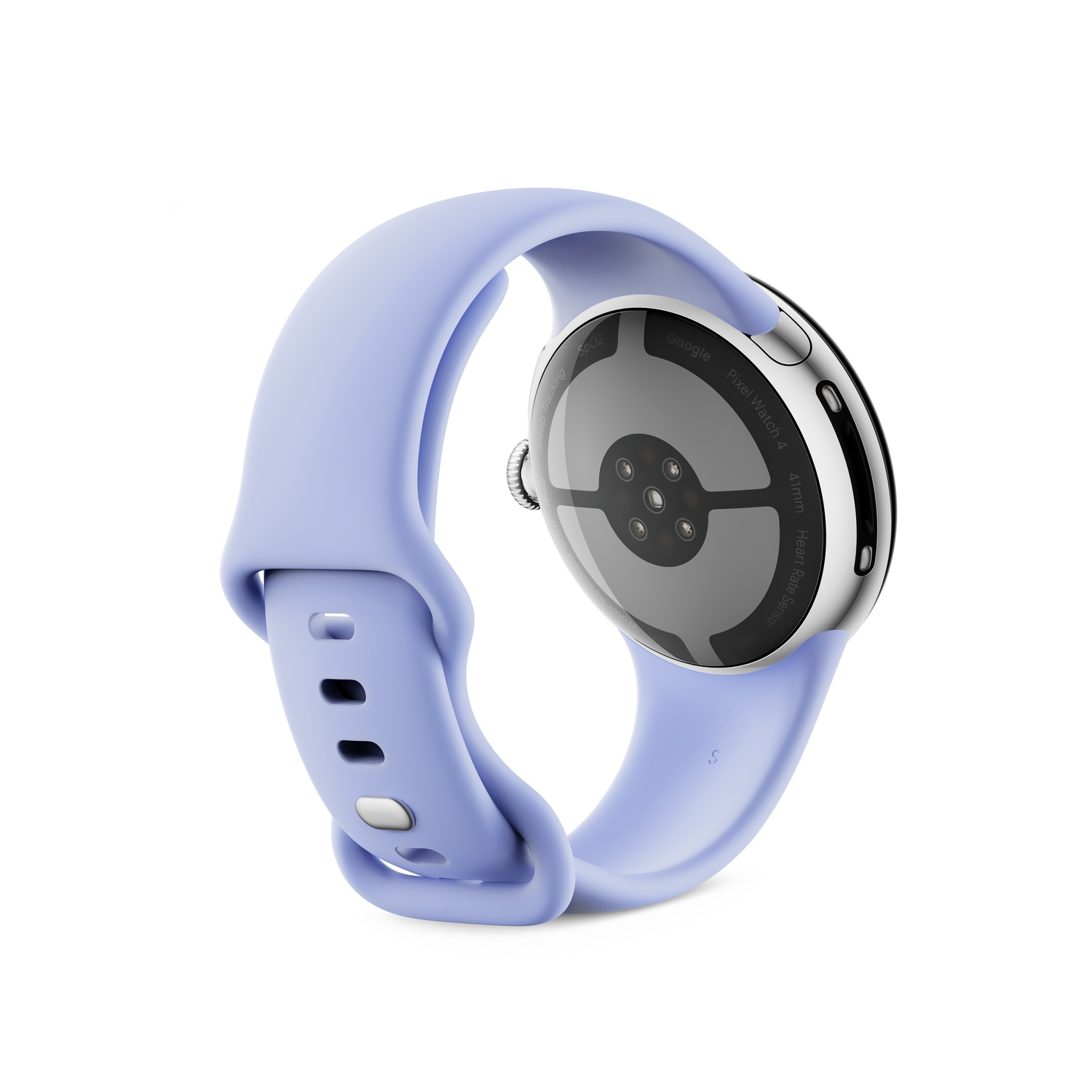 Une Google Pixel Watch 4 en bleu clair avec un boîtier argenté, vue arrière. Le bracelet est enroulé, montrant l'arrière avec des capteurs.