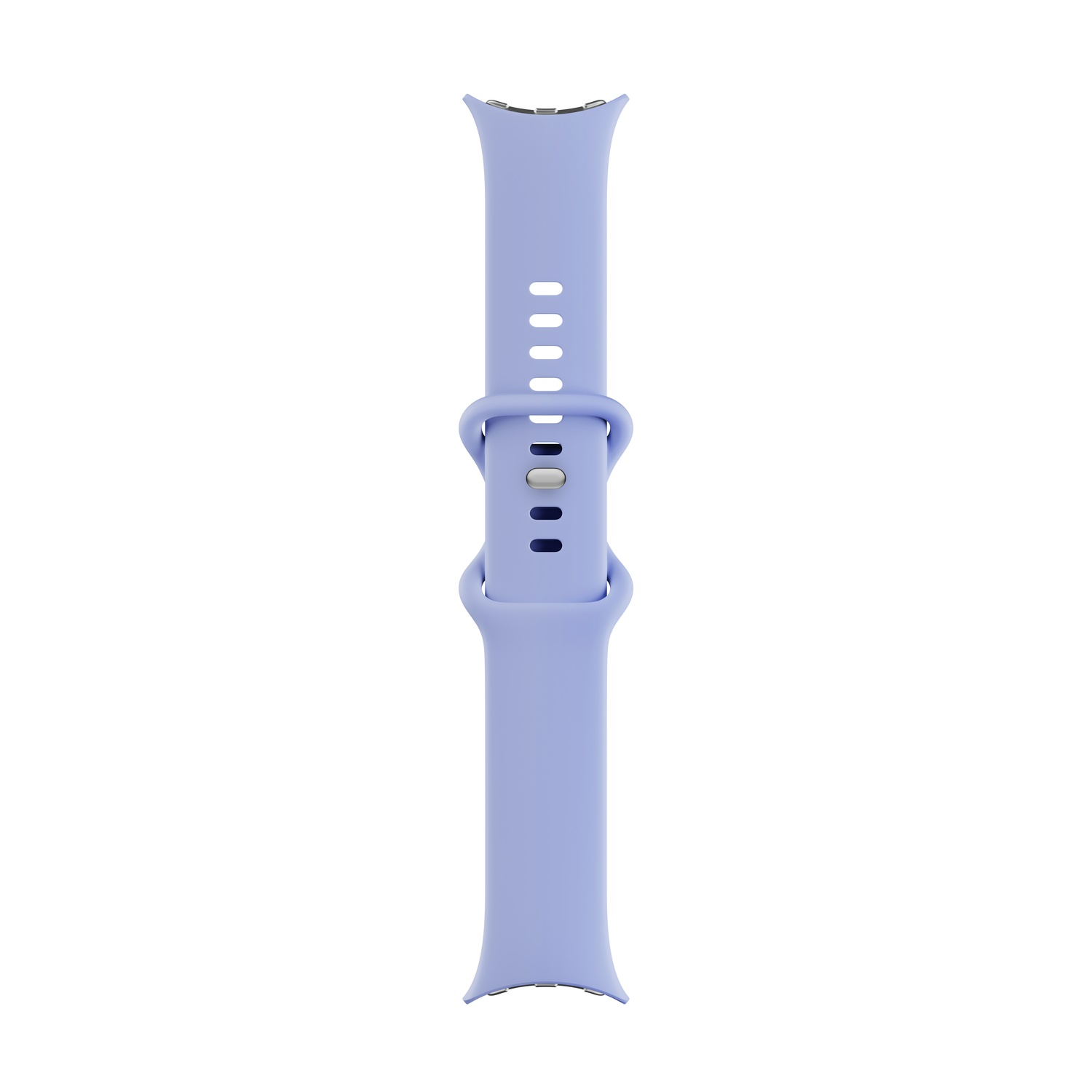 Un bracelet de montre violet clair est centré sur un fond blanc. Le bracelet a un design incurvé avec des trous et une boucle.