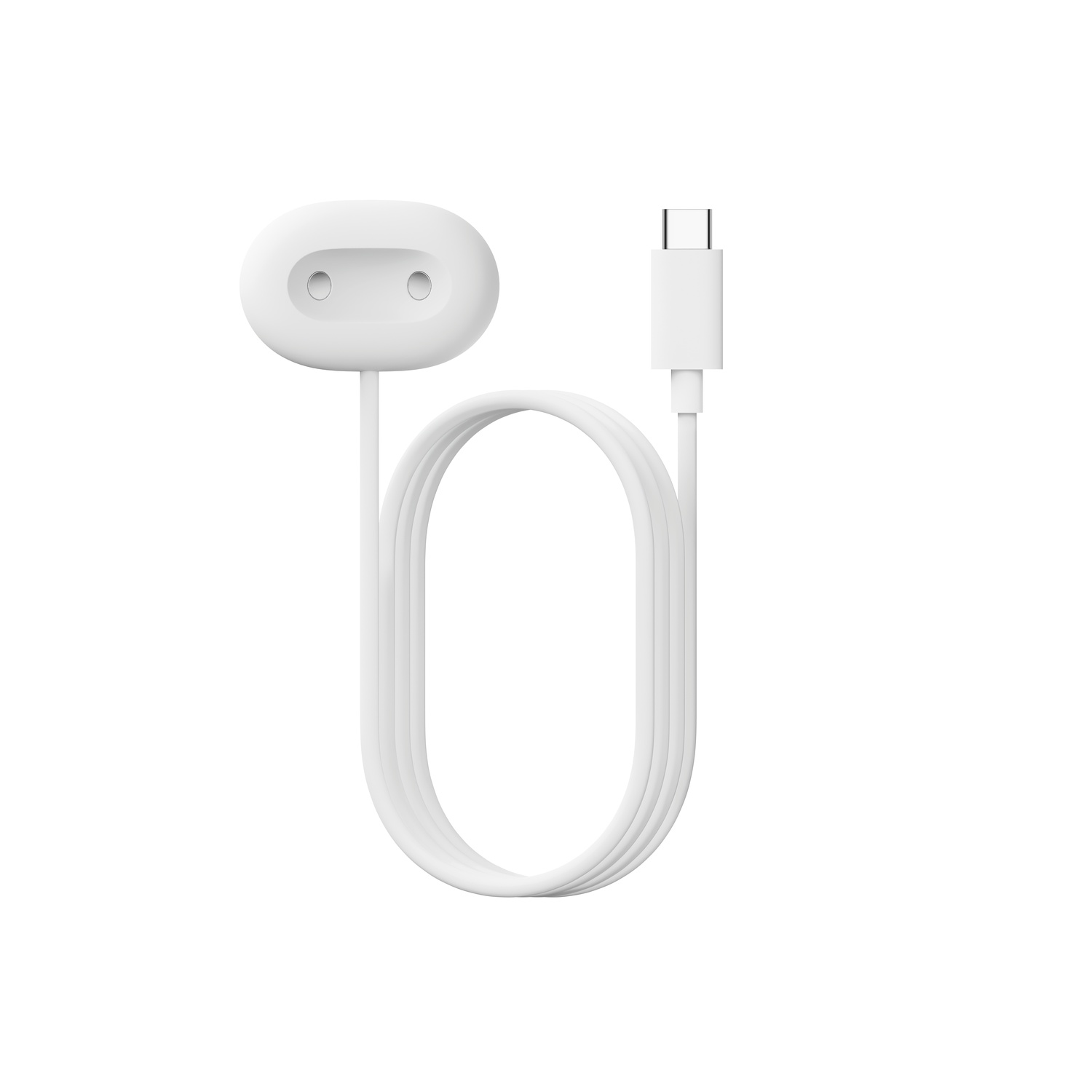 Câble de charge blanc avec une extrémité arrondie à double port et un connecteur USB-C. Le câble est incurvé sur fond blanc.