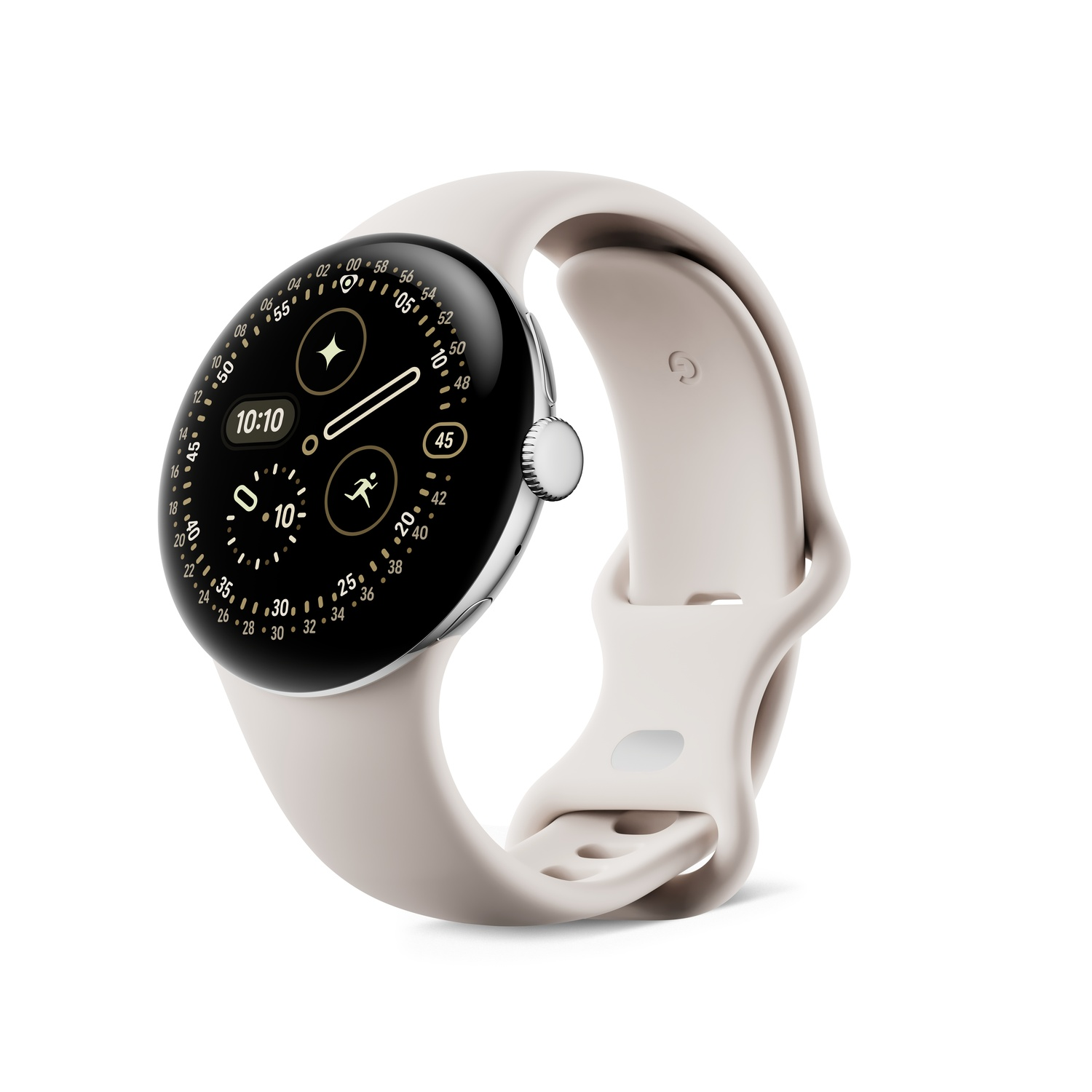 Une montre connectée avec un écran noir affichant 10h10. La montre a un bracelet beige et un boîtier argenté. Le fond est blanc.