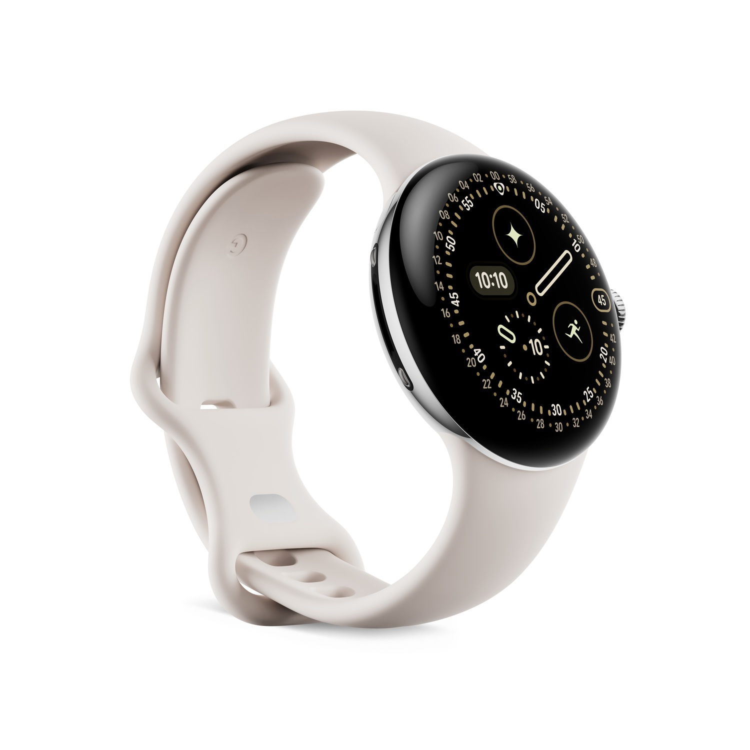 Une montre intelligente beige clair affiche 10h10. Elle a un écran noir, une lunette argentée et un bracelet beige. Isolé sur blanc.