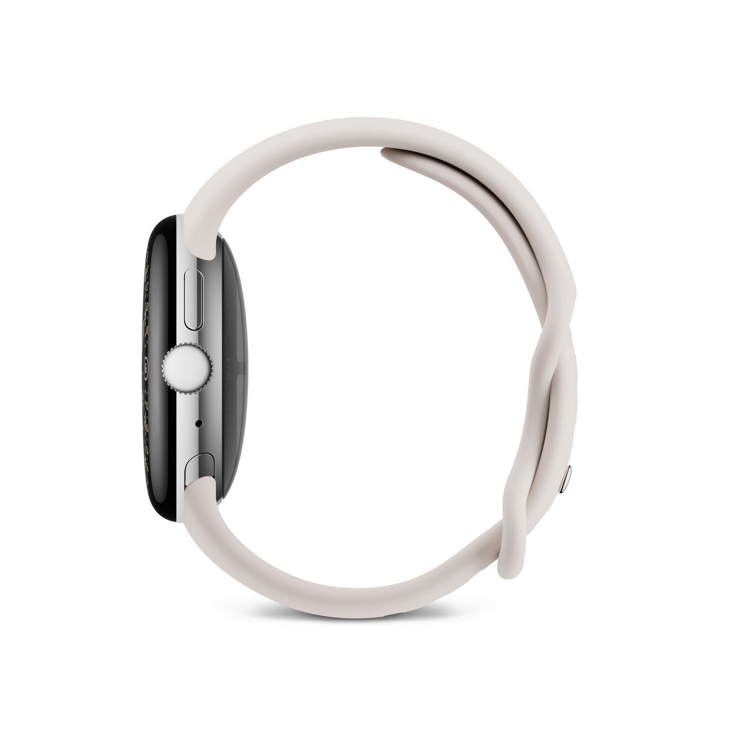 Vue latérale d'une montre connectée avec bracelet gris clair. Le cadran est noir avec une lunette argentée. Le bracelet est enroulé.