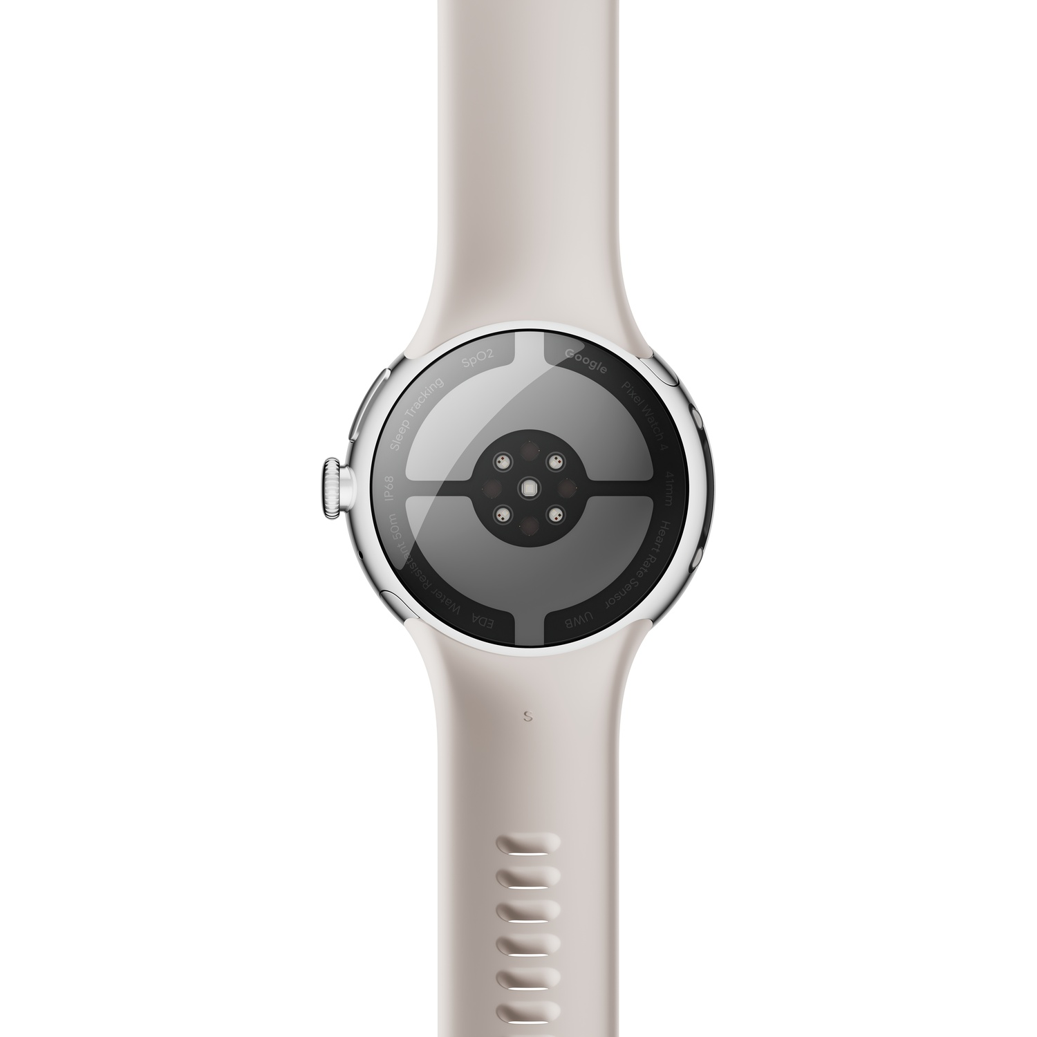 Gros plan du dos d'une smartwatch avec bracelet crème. La montre a une zone de capteur noire et plusieurs étiquettes.