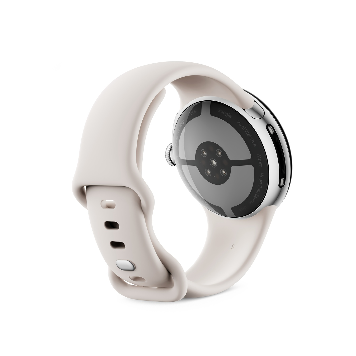 Une Google Pixel Watch 4, vue arrière, montrant le cadran de la montre, le bracelet et le réseau de capteurs. Le bracelet est beige clair, la montre est argentée.